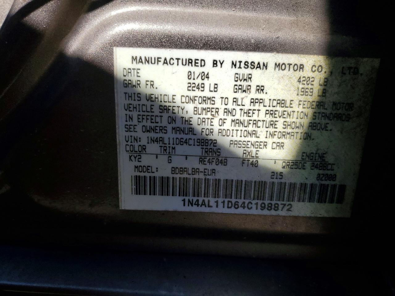 2004 Nissan Altima Base Gold vin: 1N4AL11D64C198872