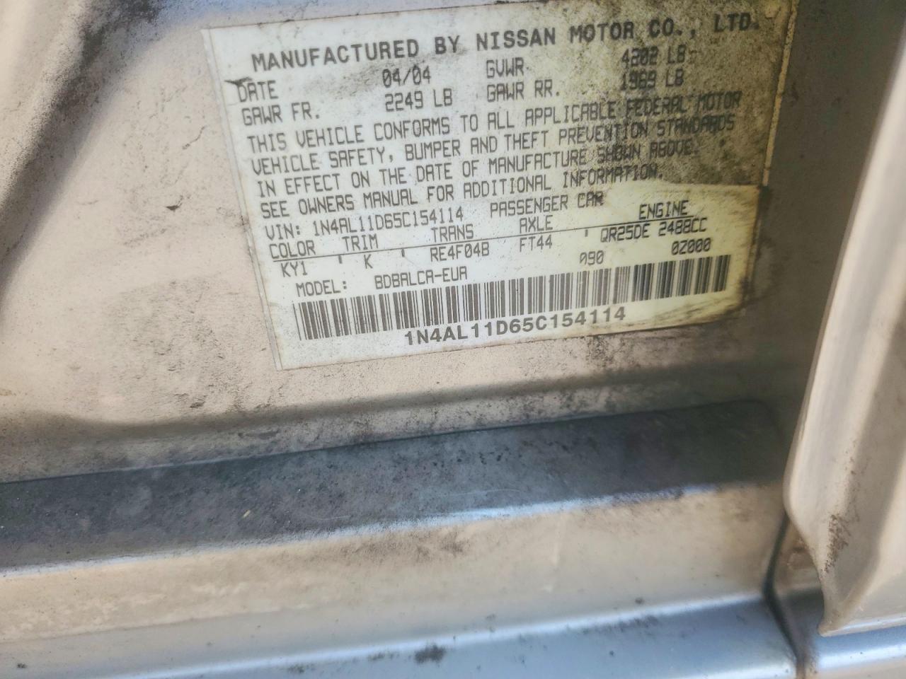 2005 Nissan Altima 2.5 Gray vin: 1N4AL11D65C154114