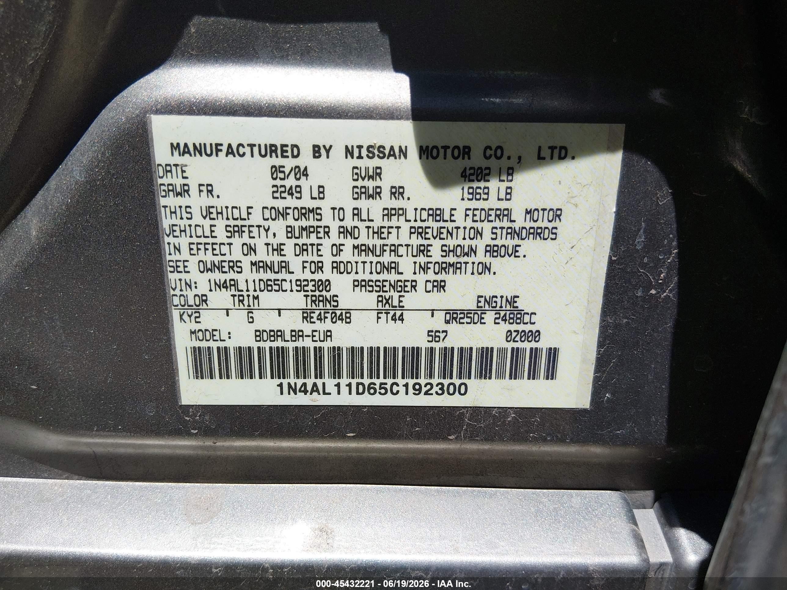 2005 Nissan Altima 2.5 S Tan vin: 1N4AL11D65C192300