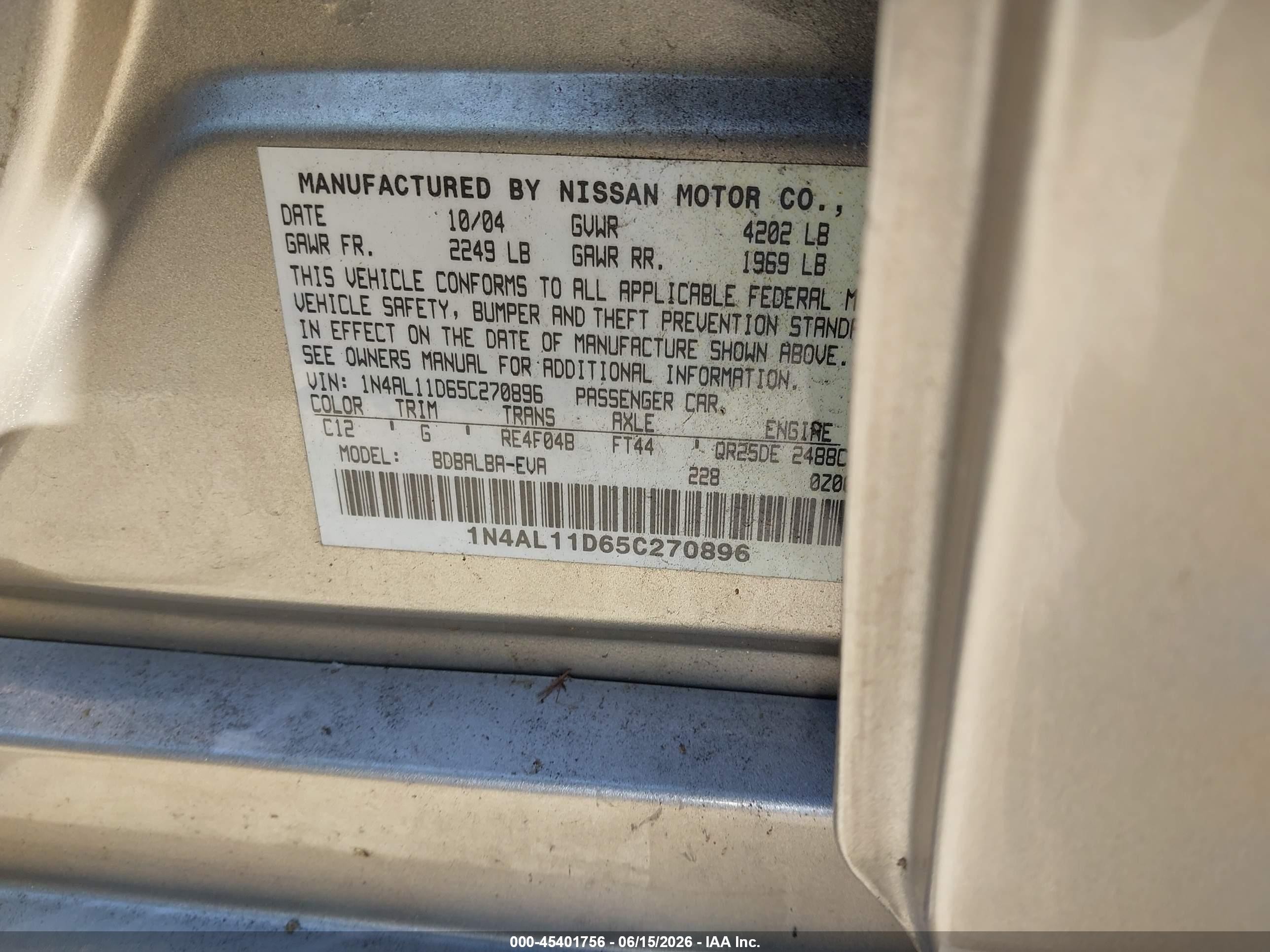 2005 Nissan Altima 2.5 S Бежевый vin: 1N4AL11D65C270896