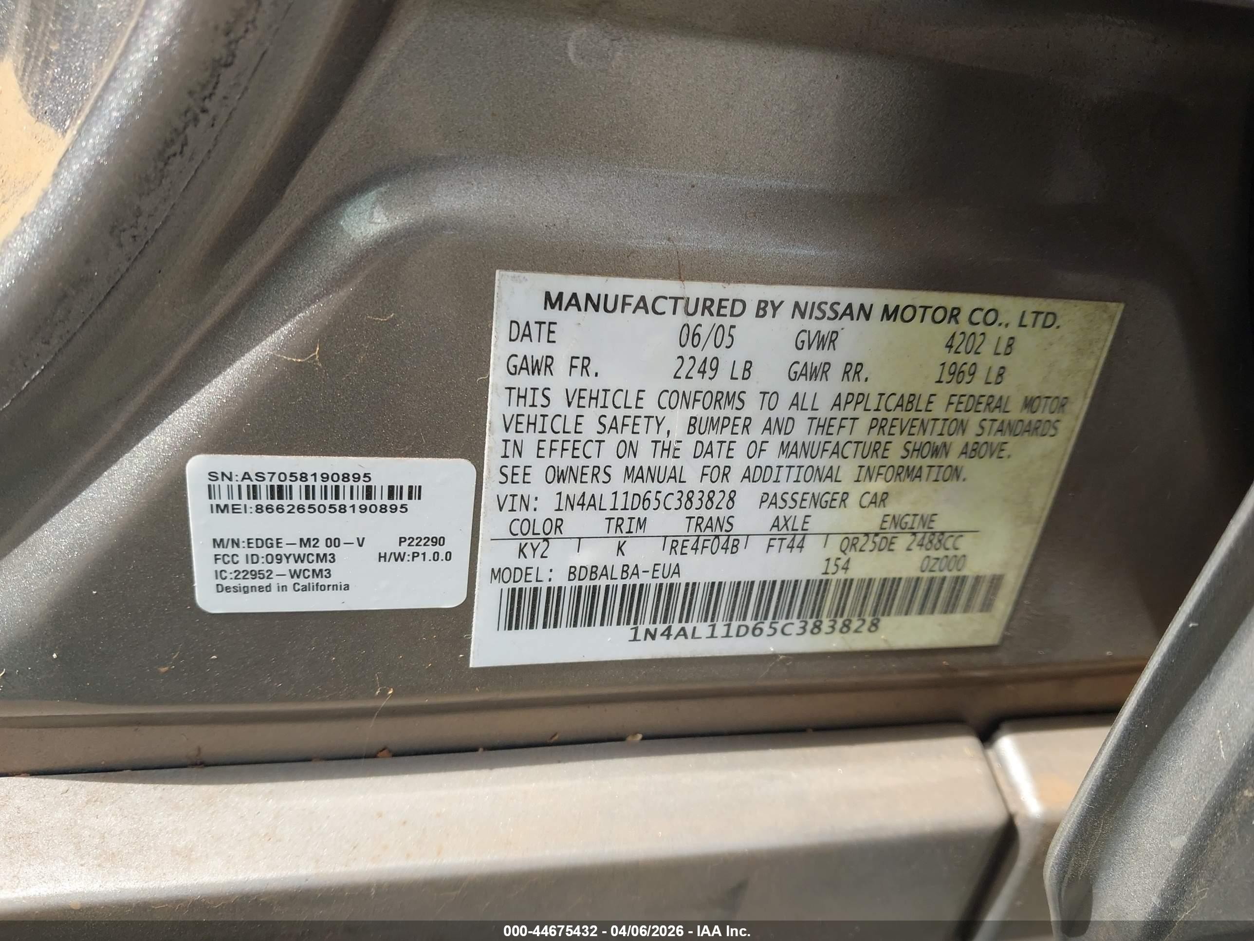 2005 Nissan Altima 2.5 S Gray vin: 1N4AL11D65C383828