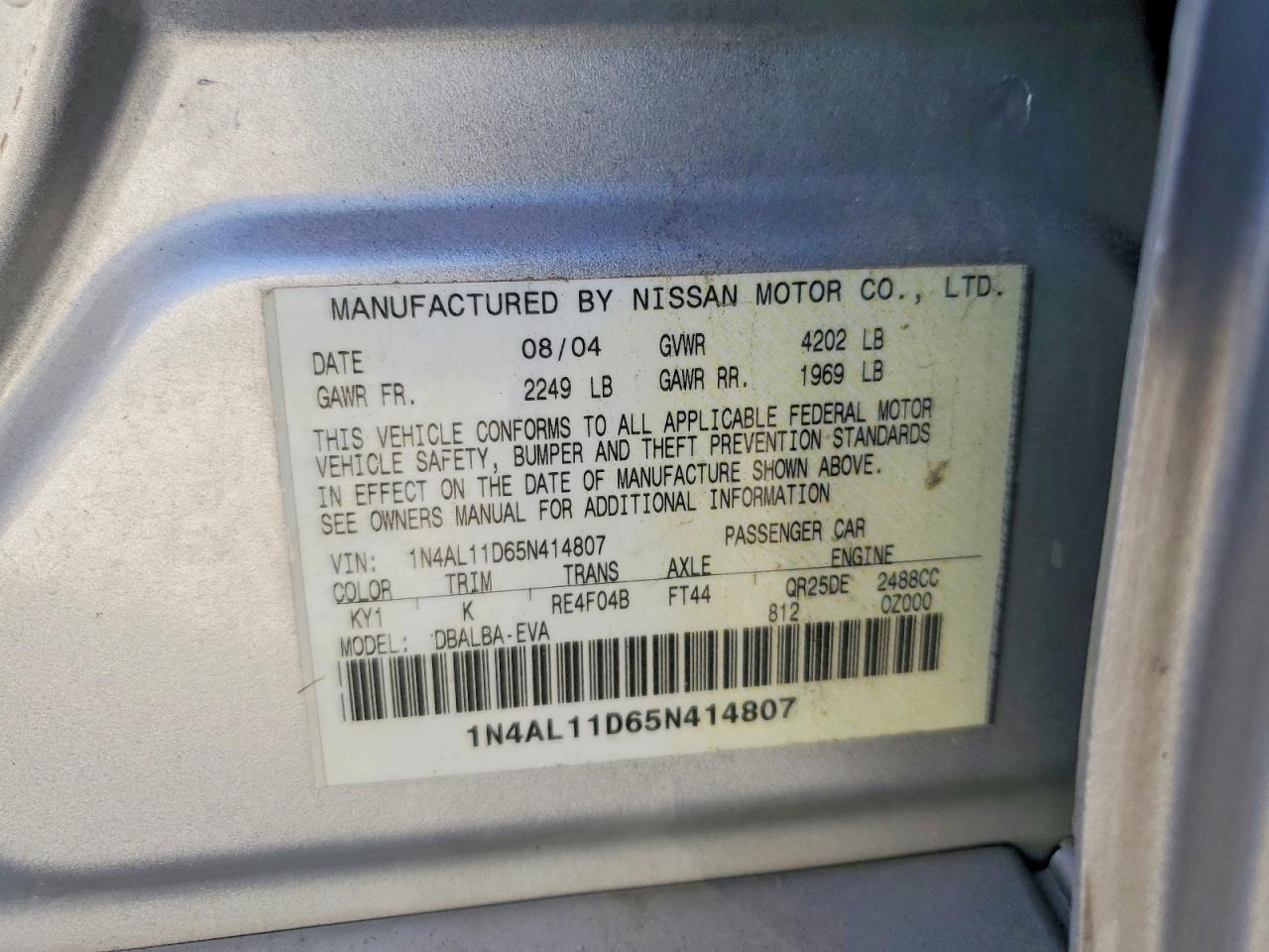 2005 Nissan Altima 2.5 Silver vin: 1N4AL11D65N414807