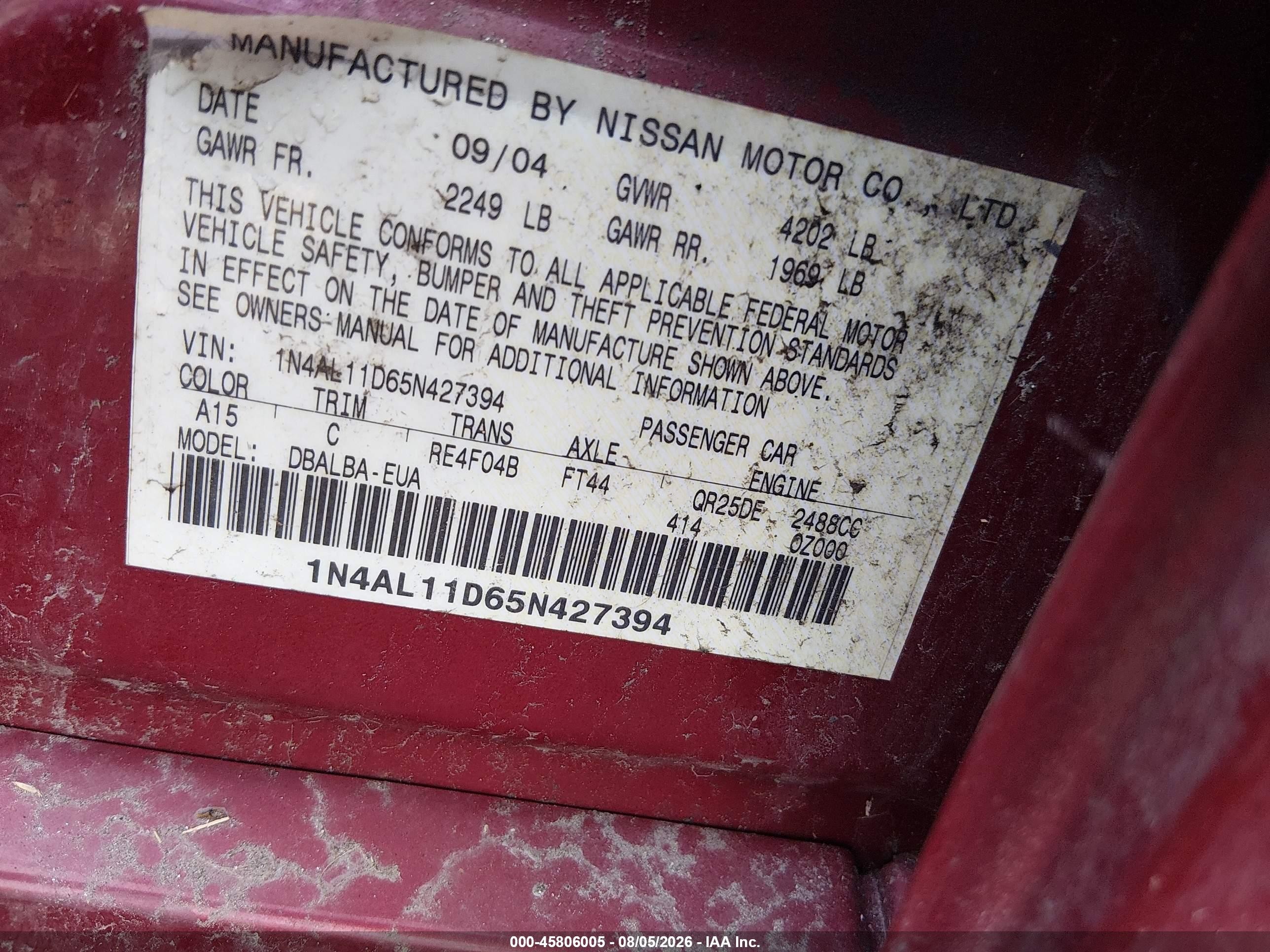 2005 Nissan Altima 2.5 S Red vin: 1N4AL11D65N427394