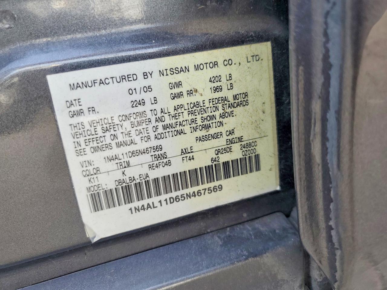 2005 Nissan Altima 2.5 Gray vin: 1N4AL11D65N467569