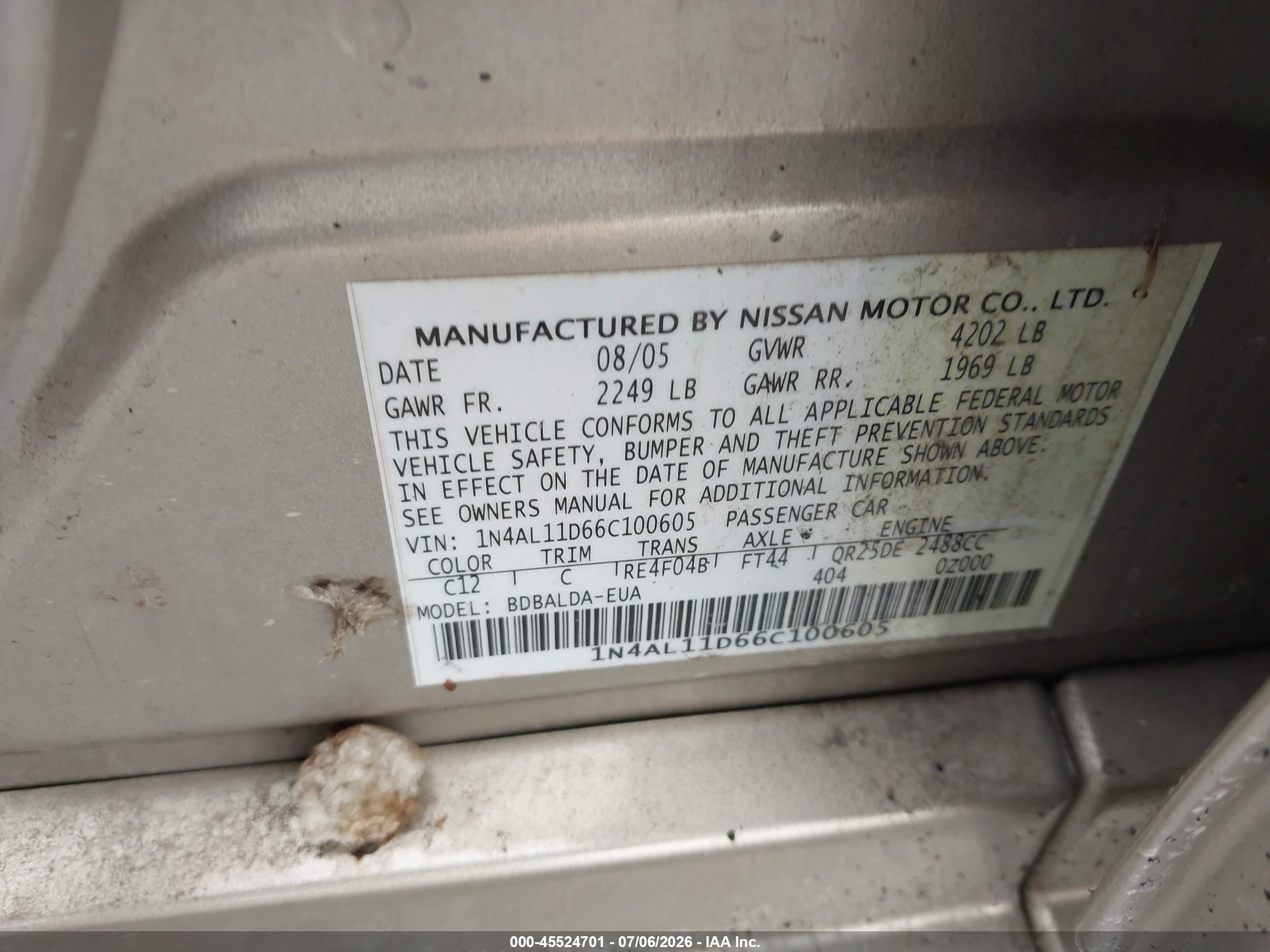 2006 Nissan Altima 2.5 S Gold vin: 1N4AL11D66C100605