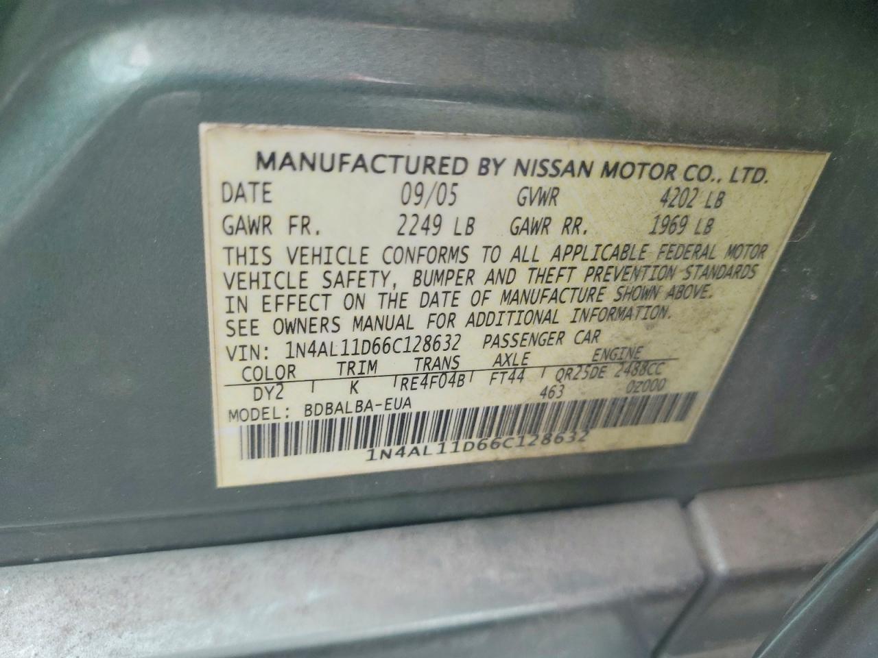 2006 Nissan Altima 2.5 Blue vin: 1N4AL11D66C128632