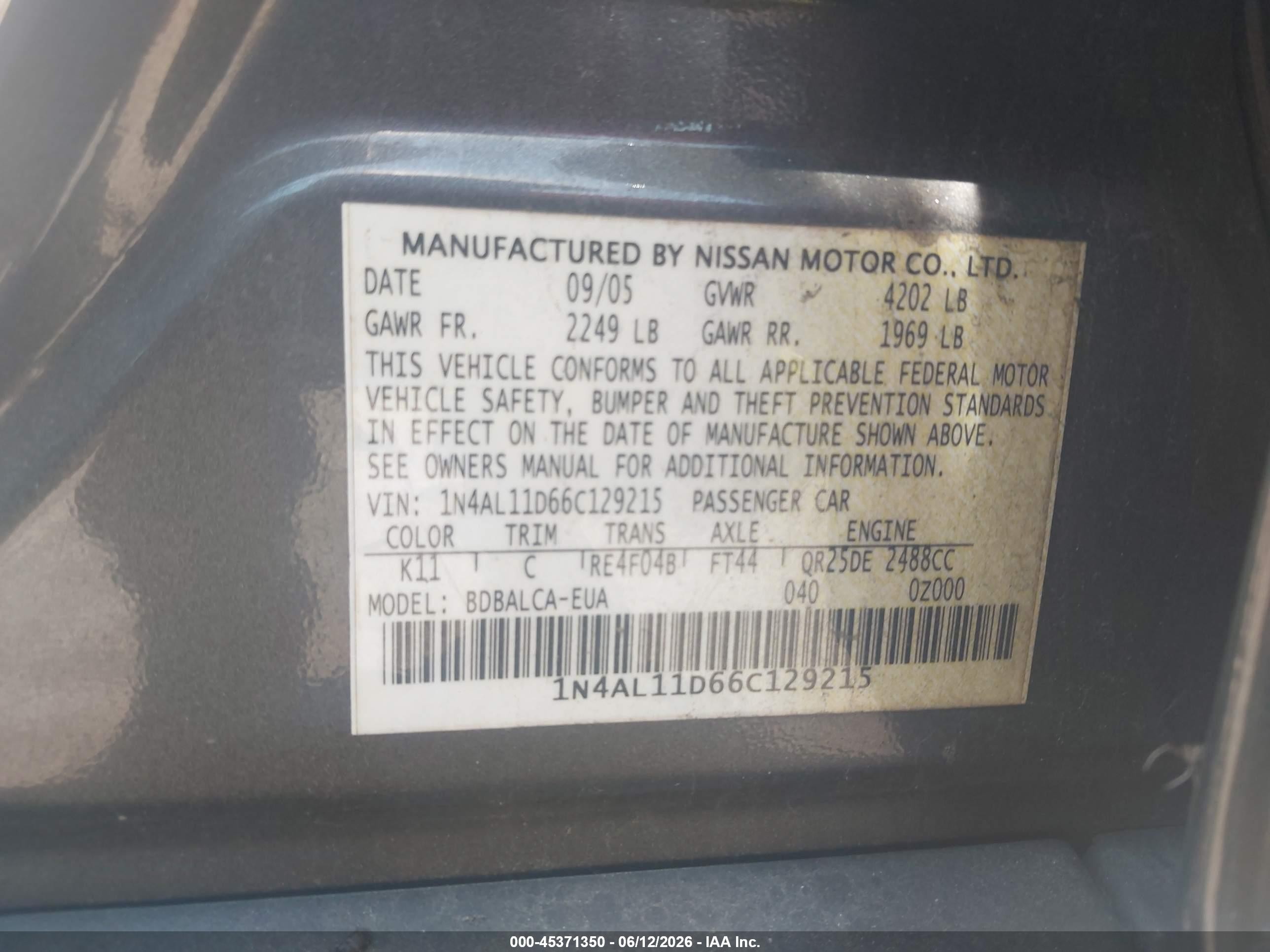 2006 Nissan Altima 2.5 S Gray vin: 1N4AL11D66C129215