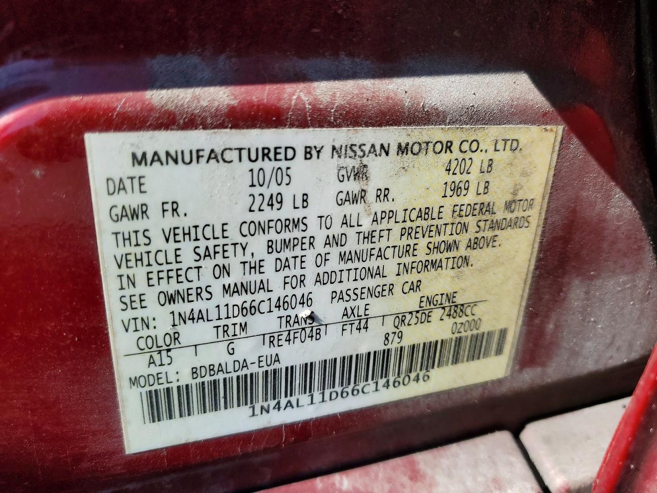 2006 Nissan Altima S/sl Red vin: 1N4AL11D66C146046