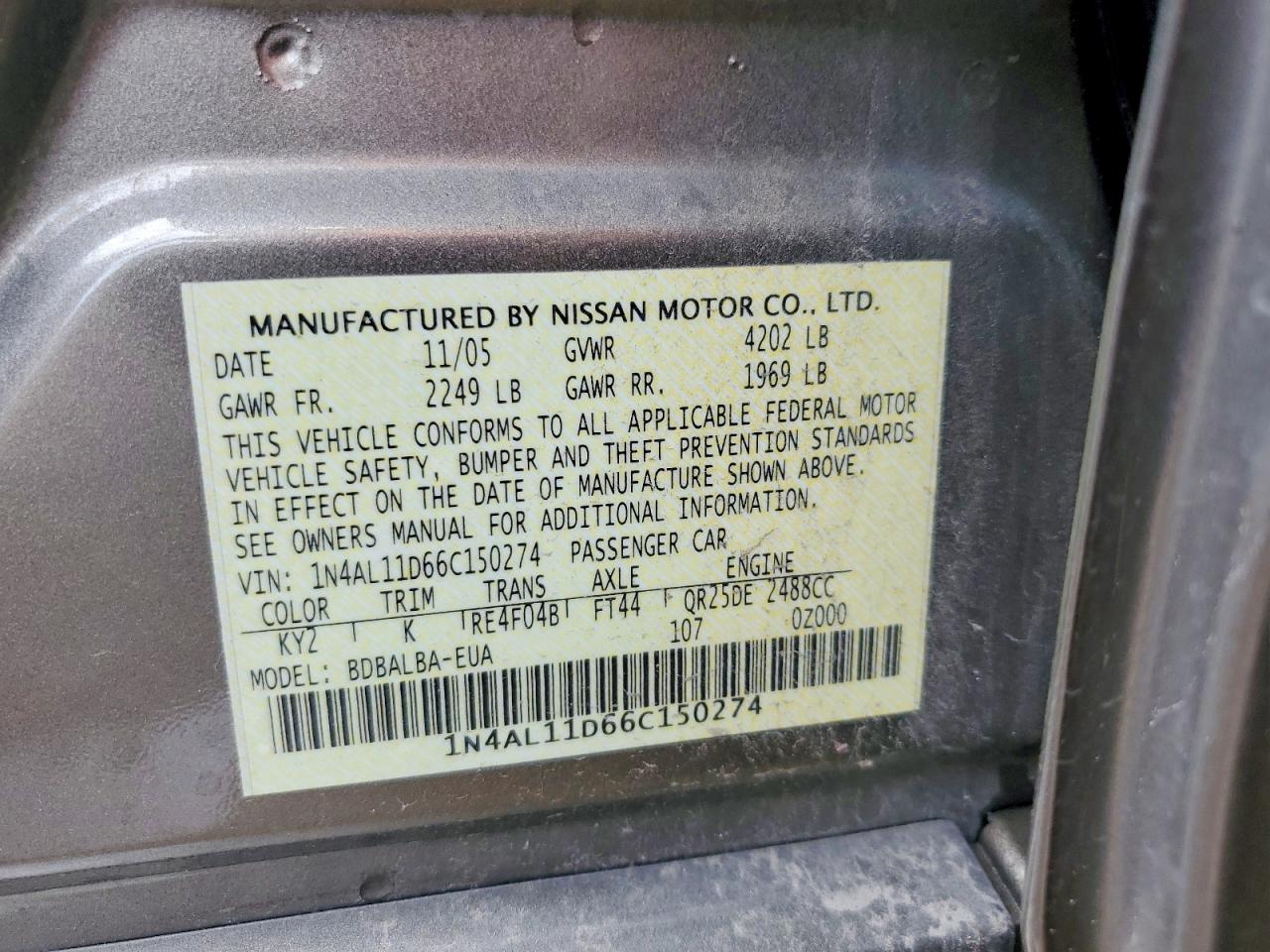2006 Nissan Altima 2.5 Tan vin: 1N4AL11D66C150274