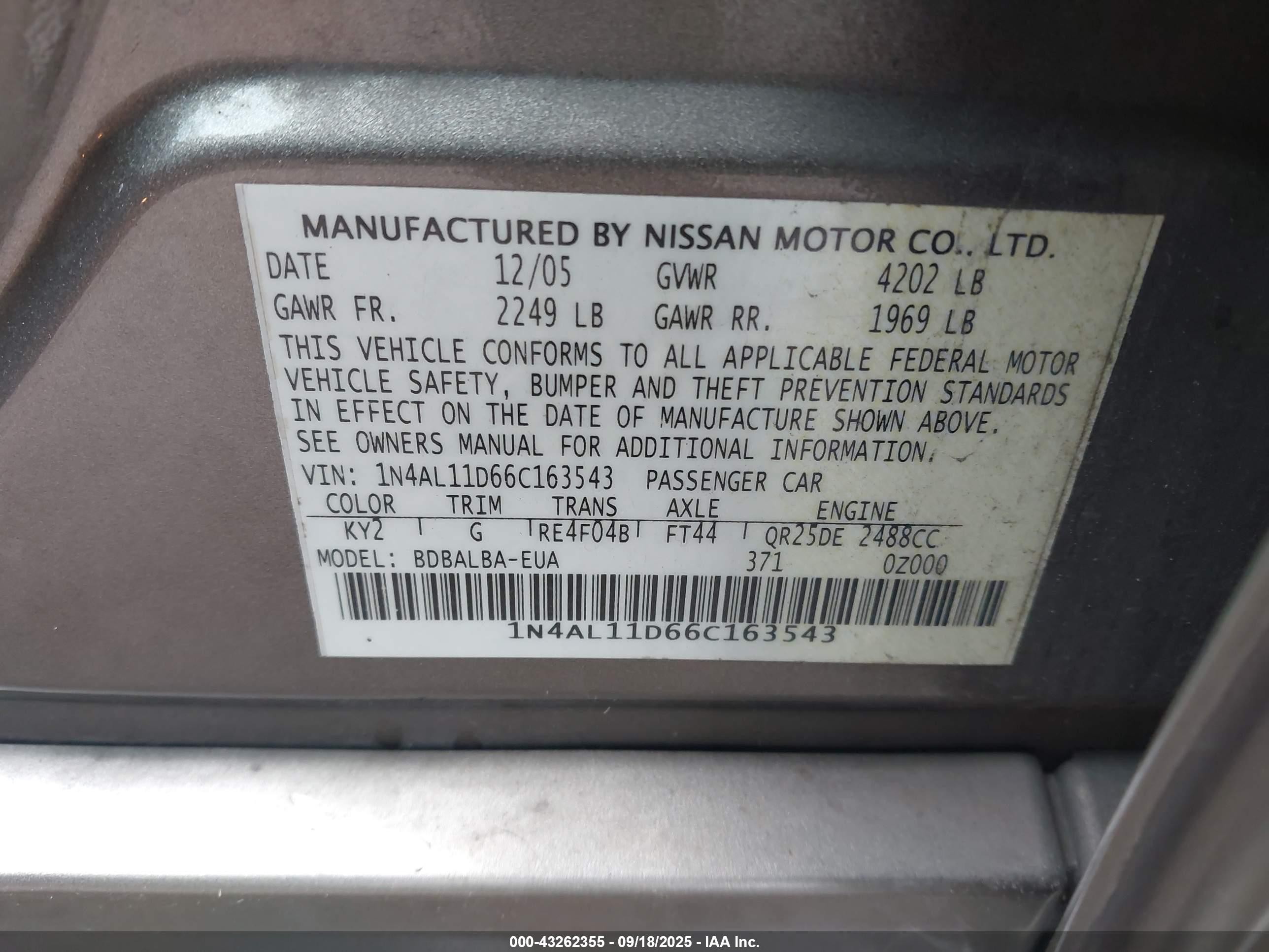 2006 Nissan Altima 2.5 S Gray vin: 1N4AL11D66C163543