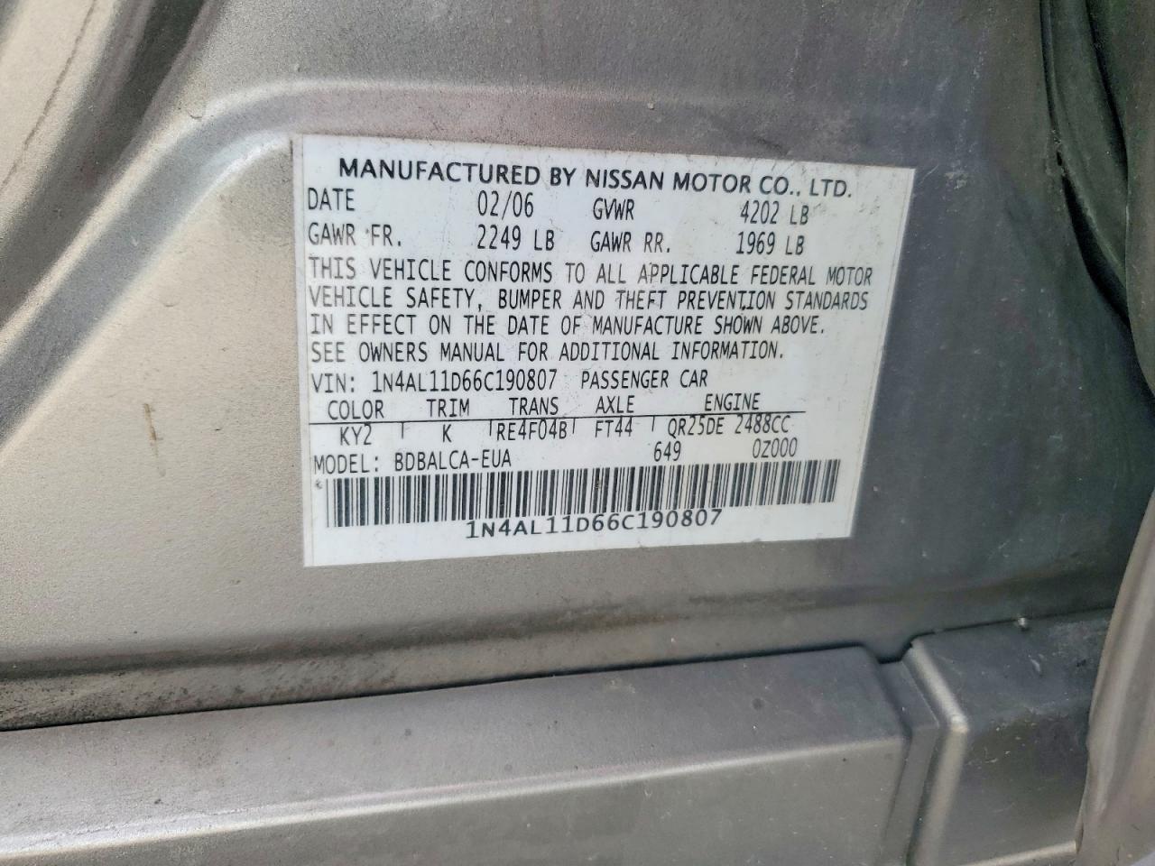 2006 Nissan Altima 2.5 Gold vin: 1N4AL11D66C190807