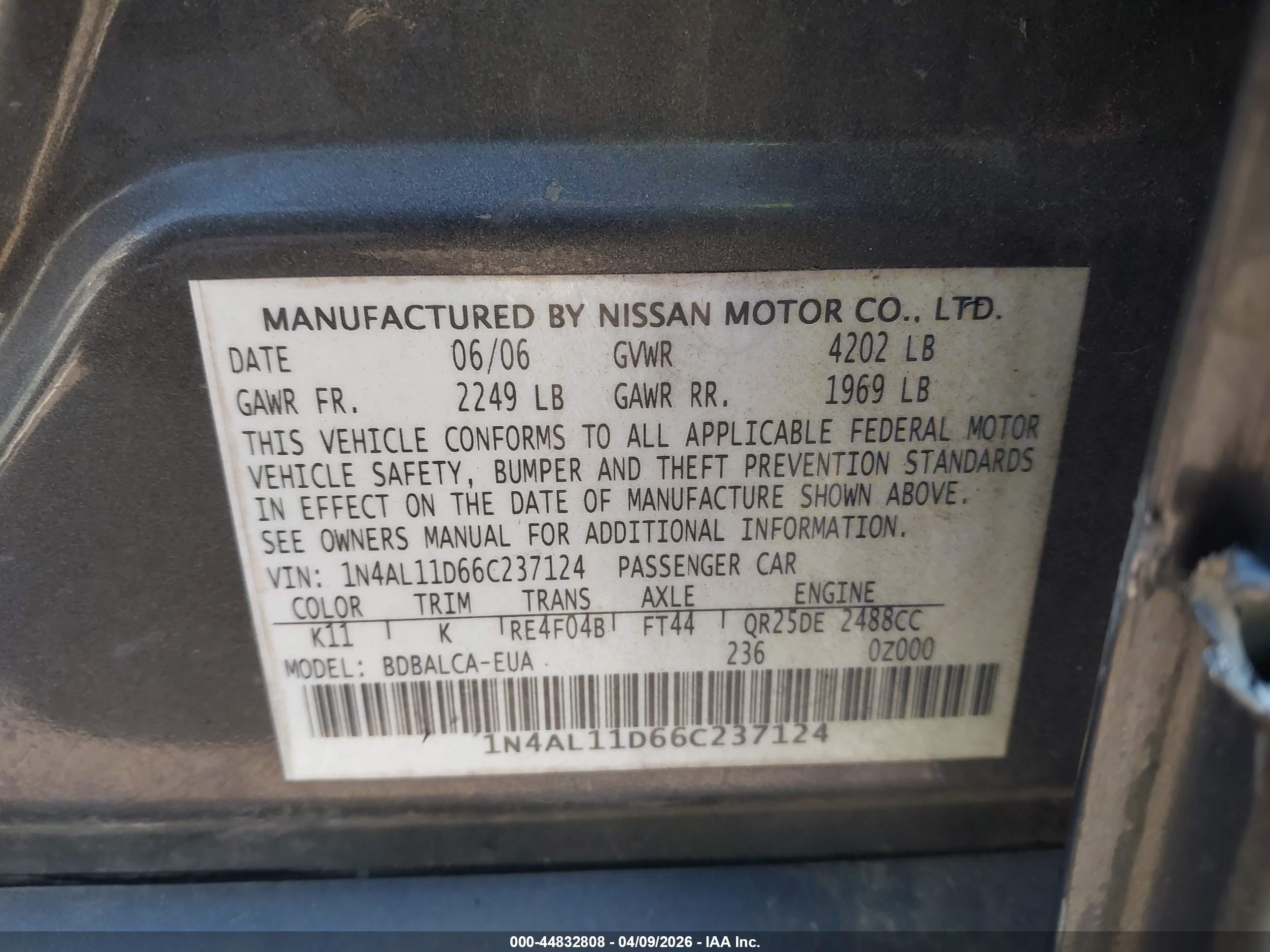 2006 Nissan Altima 2.5 S Champagne vin: 1N4AL11D66C237124
