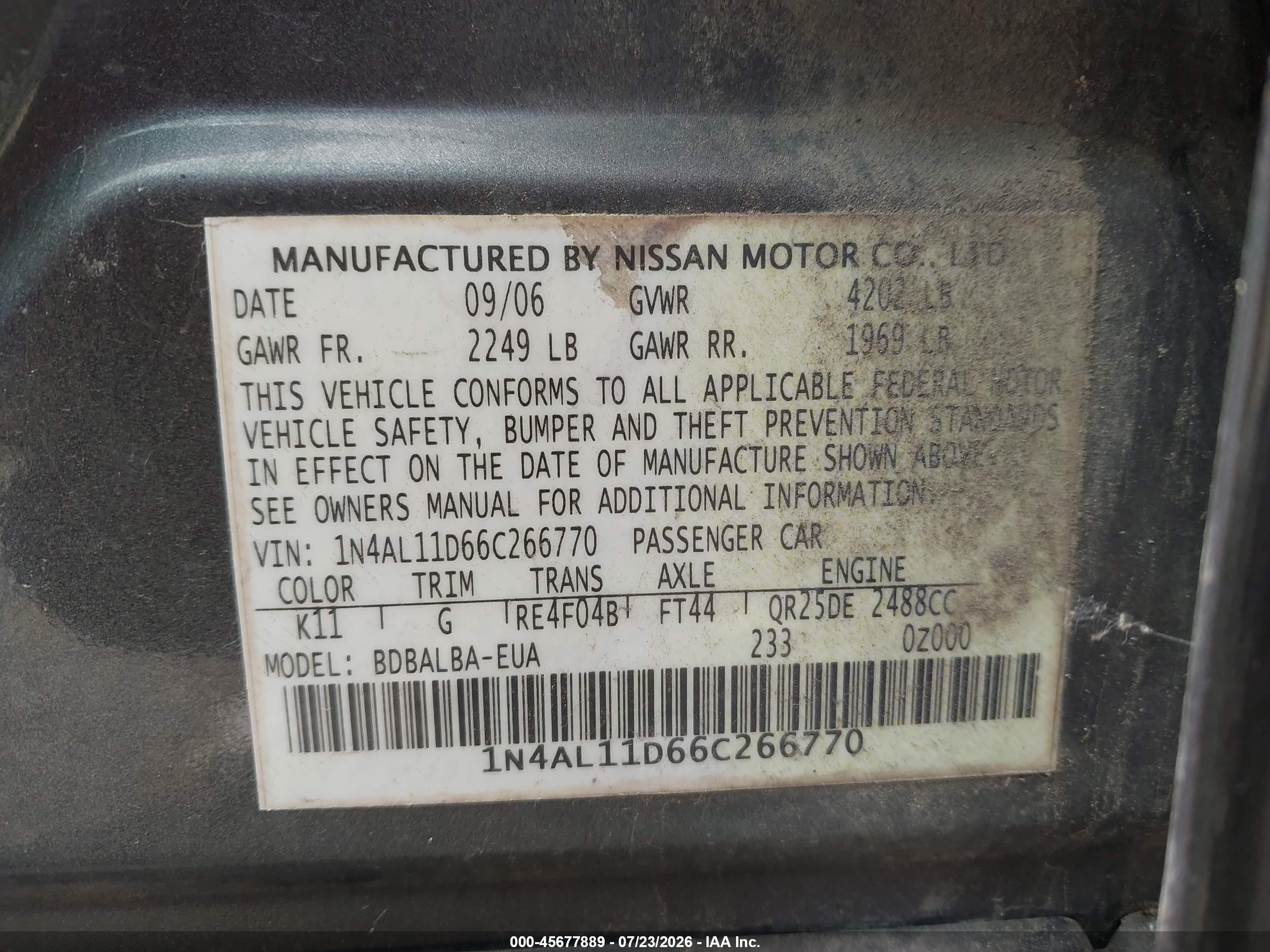 2006 Nissan Altima 2.5 S Серый vin: 1N4AL11D66C266770