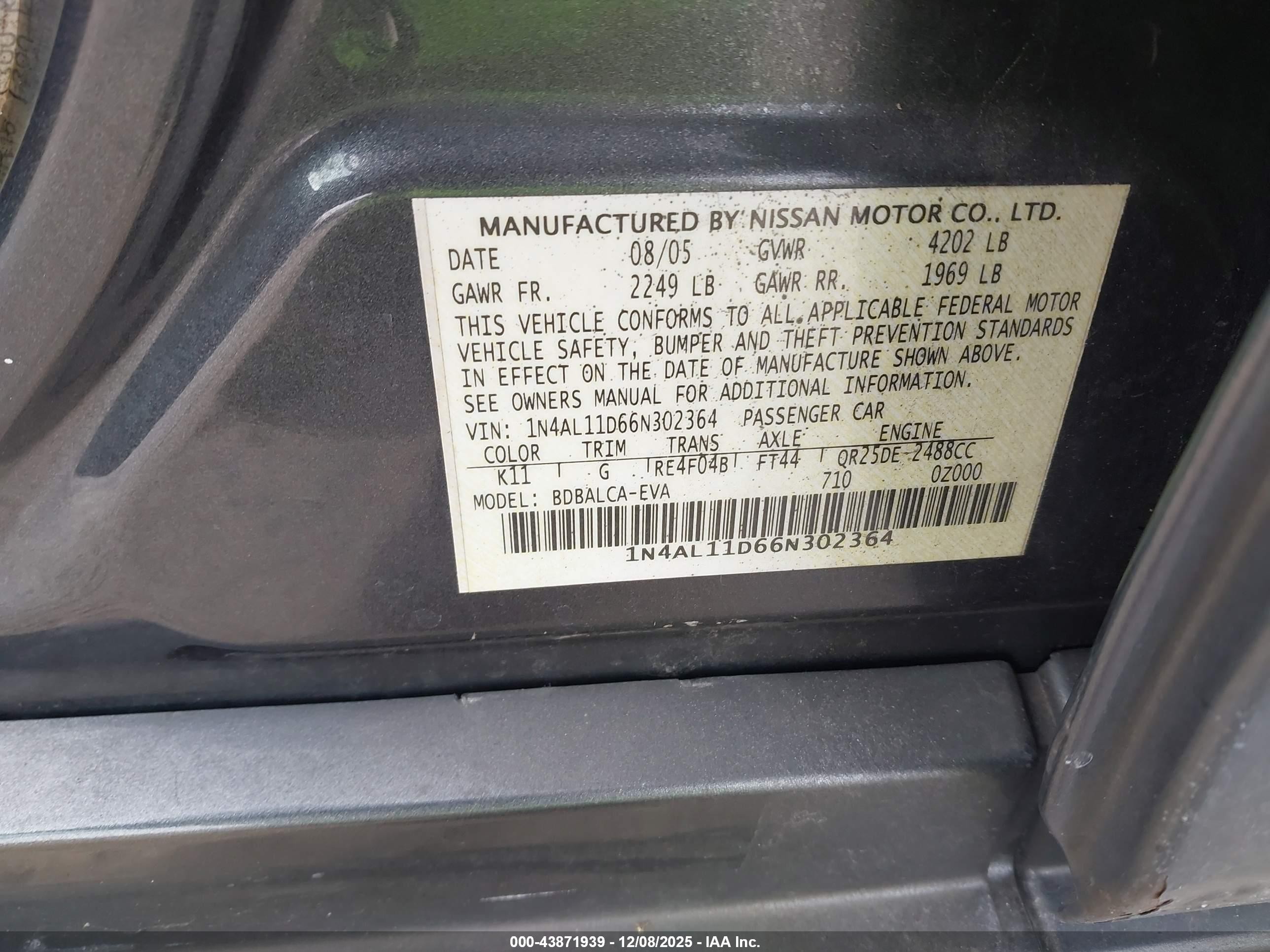 2006 Nissan Altima 2.5 S Gray vin: 1N4AL11D66N302364
