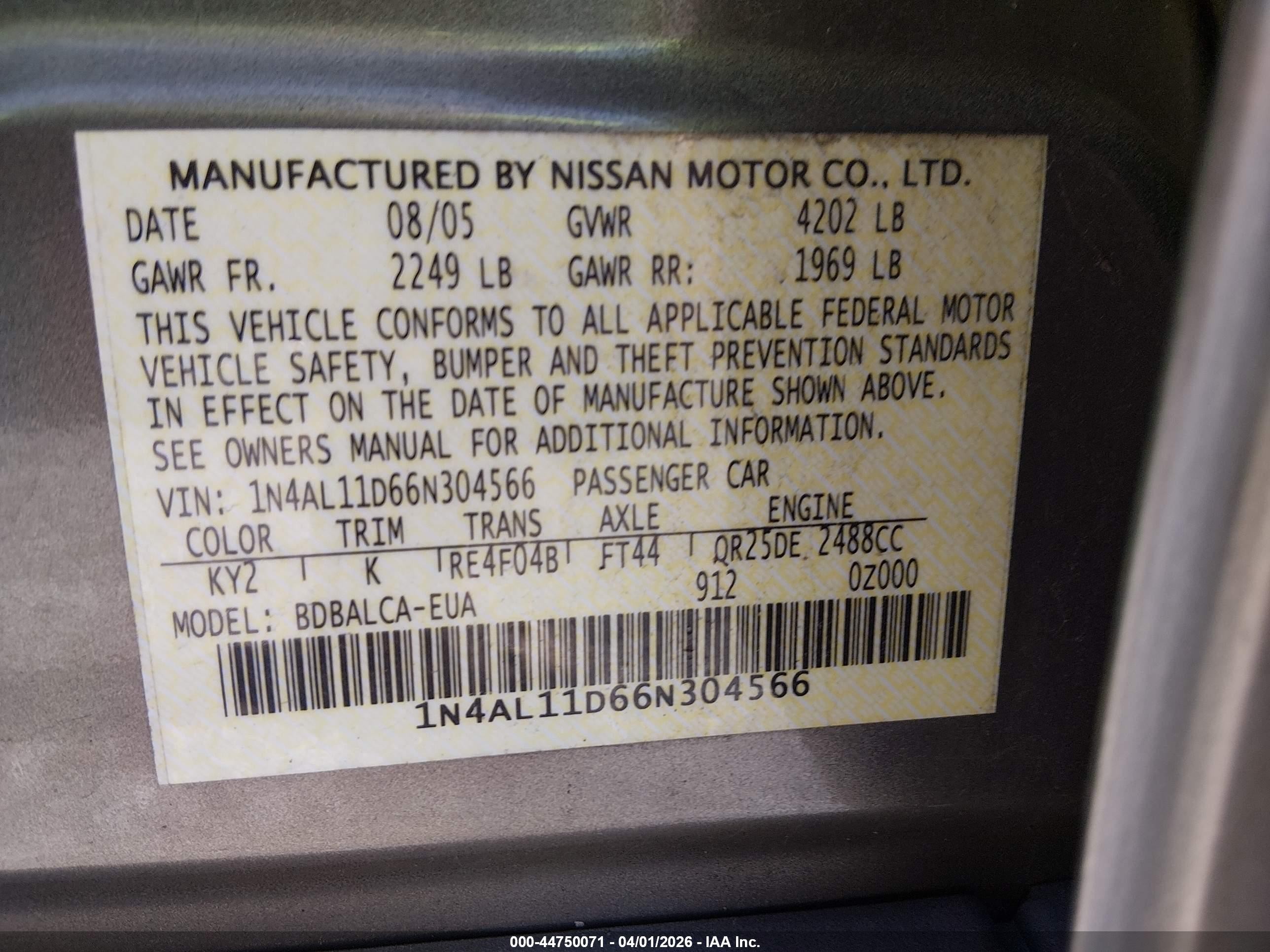 2006 Nissan Altima 2.5 S Gold vin: 1N4AL11D66N304566