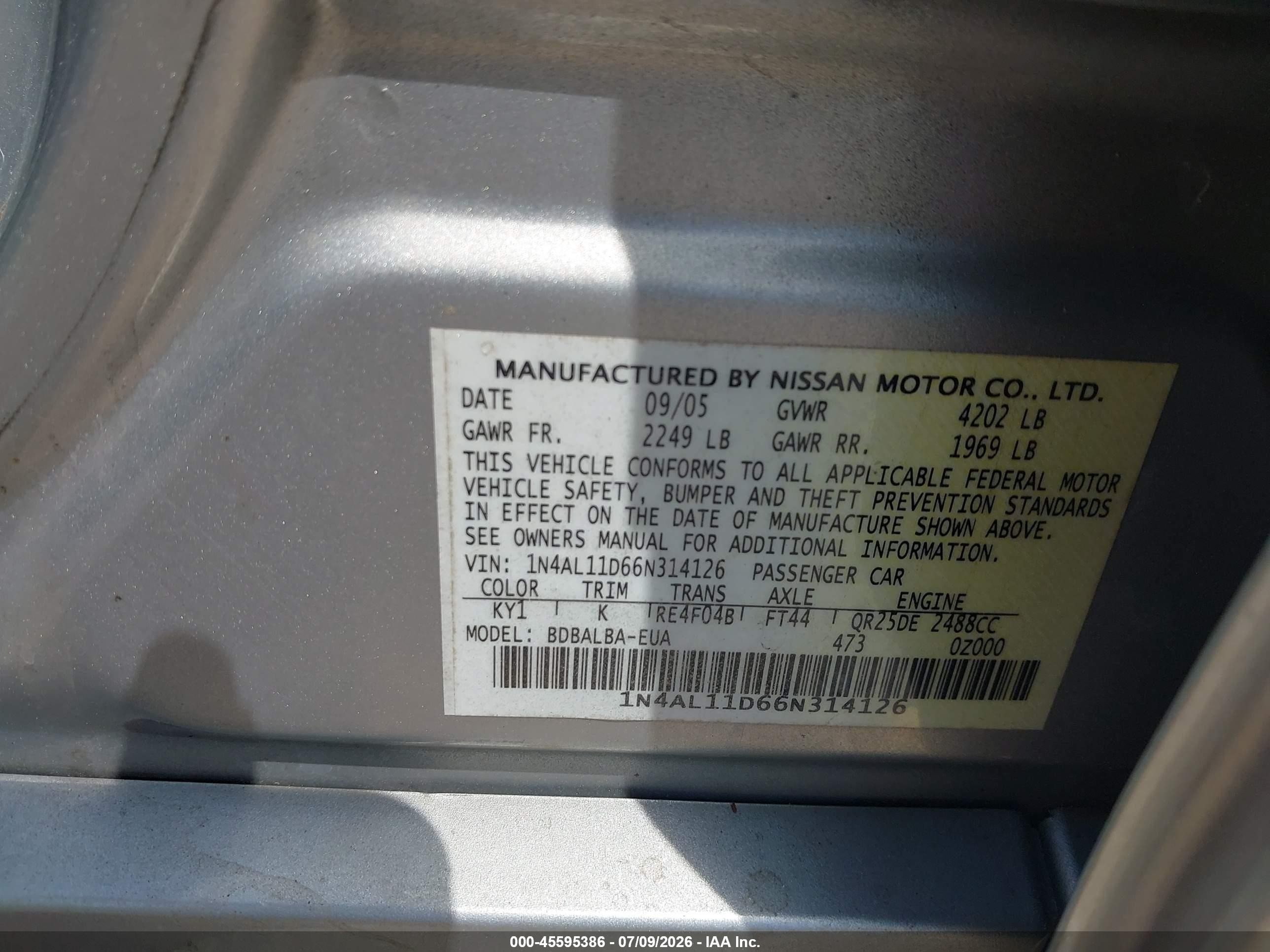 2006 Nissan Altima 2.5 S Silver vin: 1N4AL11D66N314126