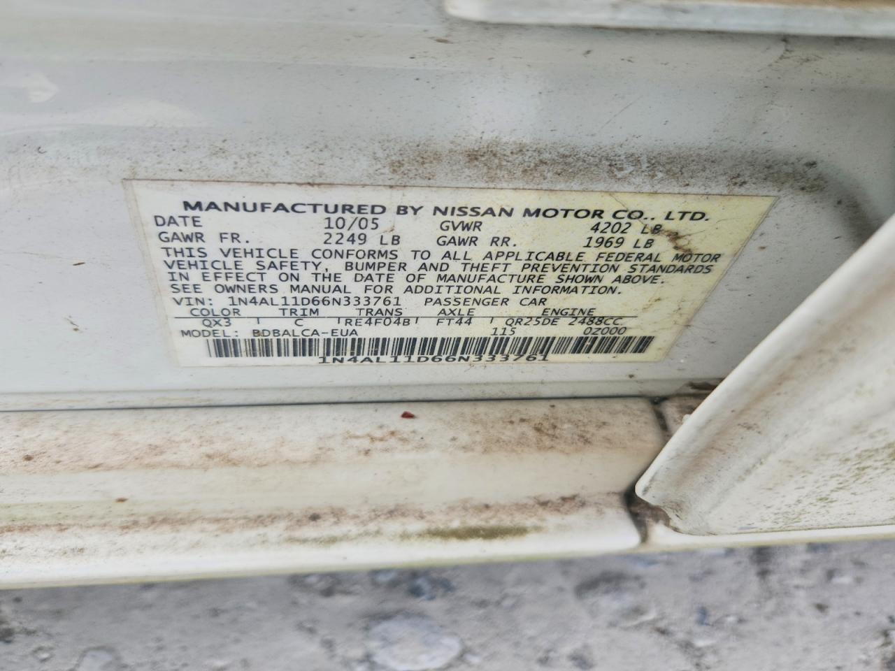 2006 Nissan Altima 2.5 Белый vin: 1N4AL11D66N333761