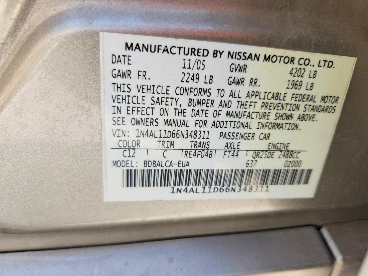 2006 Nissan Altima S/sl Gold vin: 1N4AL11D66N348311