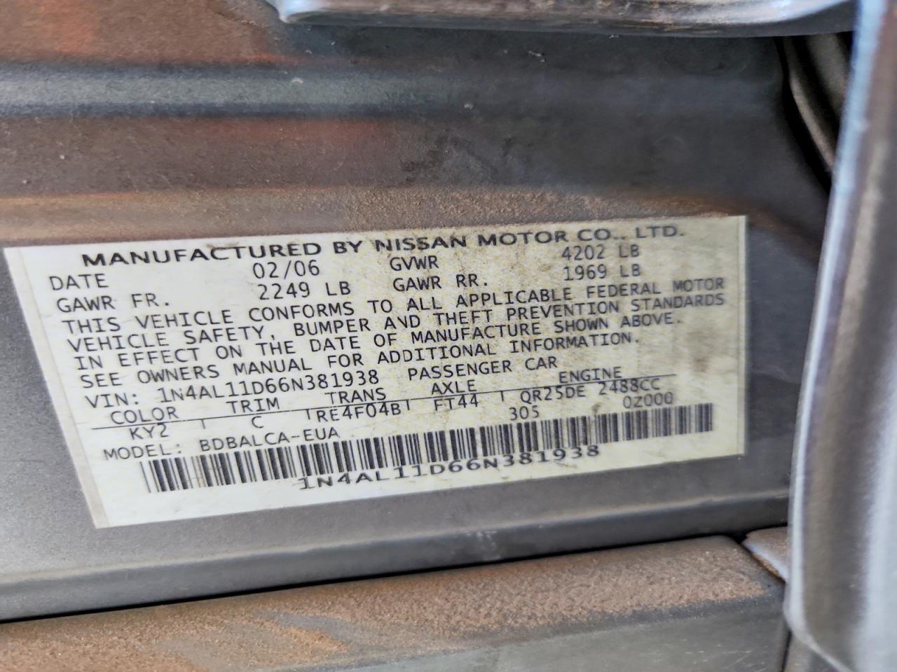2006 Nissan Altima 2.5 Tan vin: 1N4AL11D66N381938