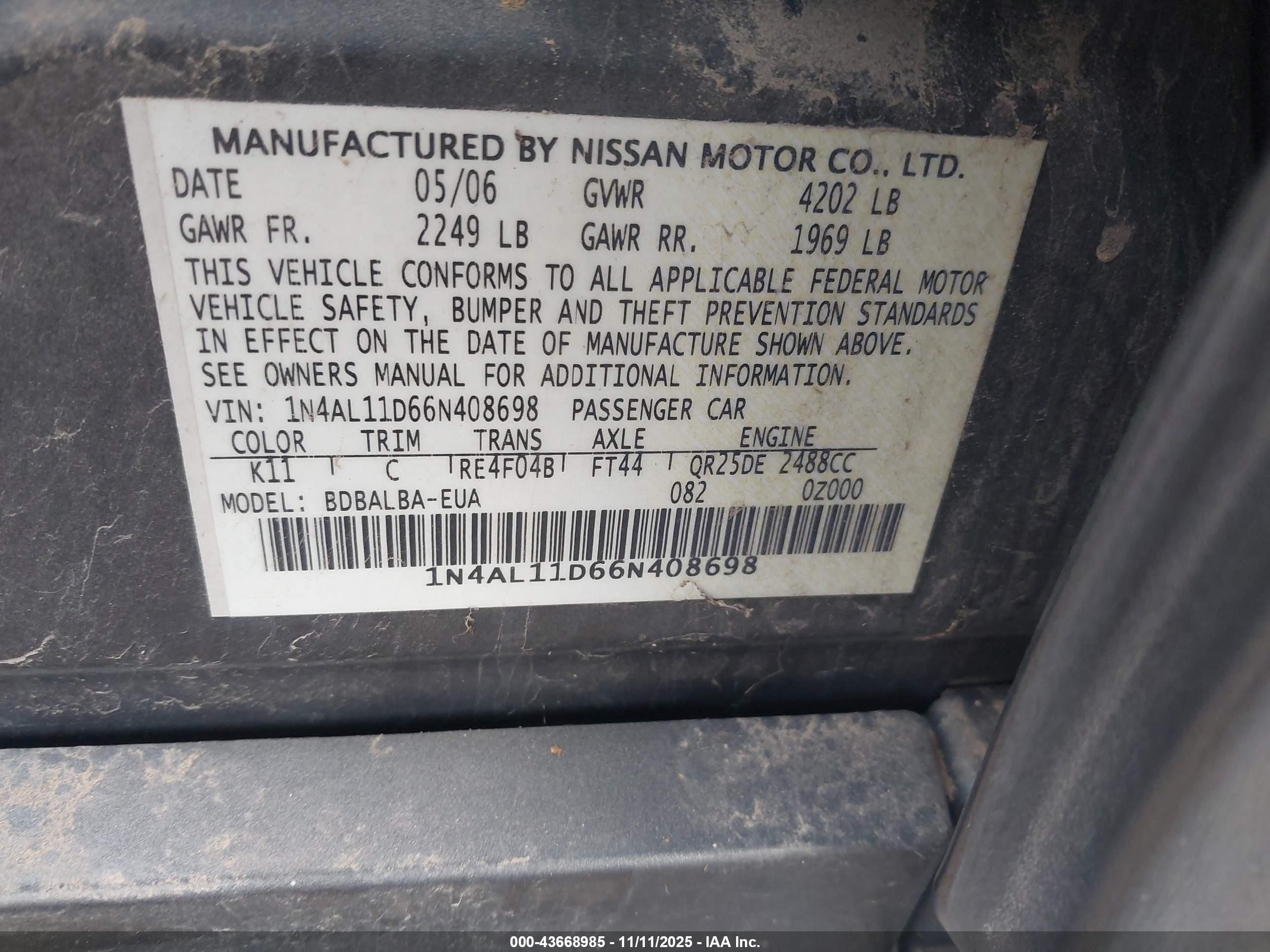 2006 Nissan Altima 2.5 S Gray vin: 1N4AL11D66N408698