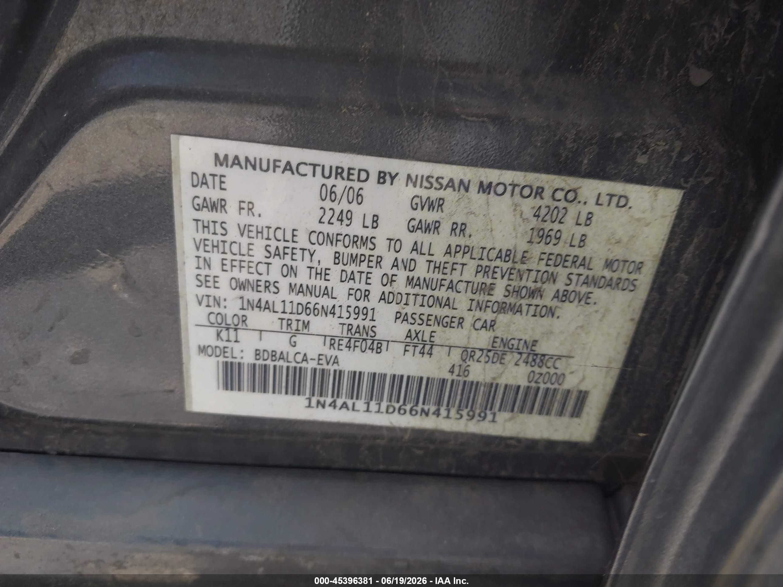 2006 Nissan Altima 2.5 S Gray vin: 1N4AL11D66N415991