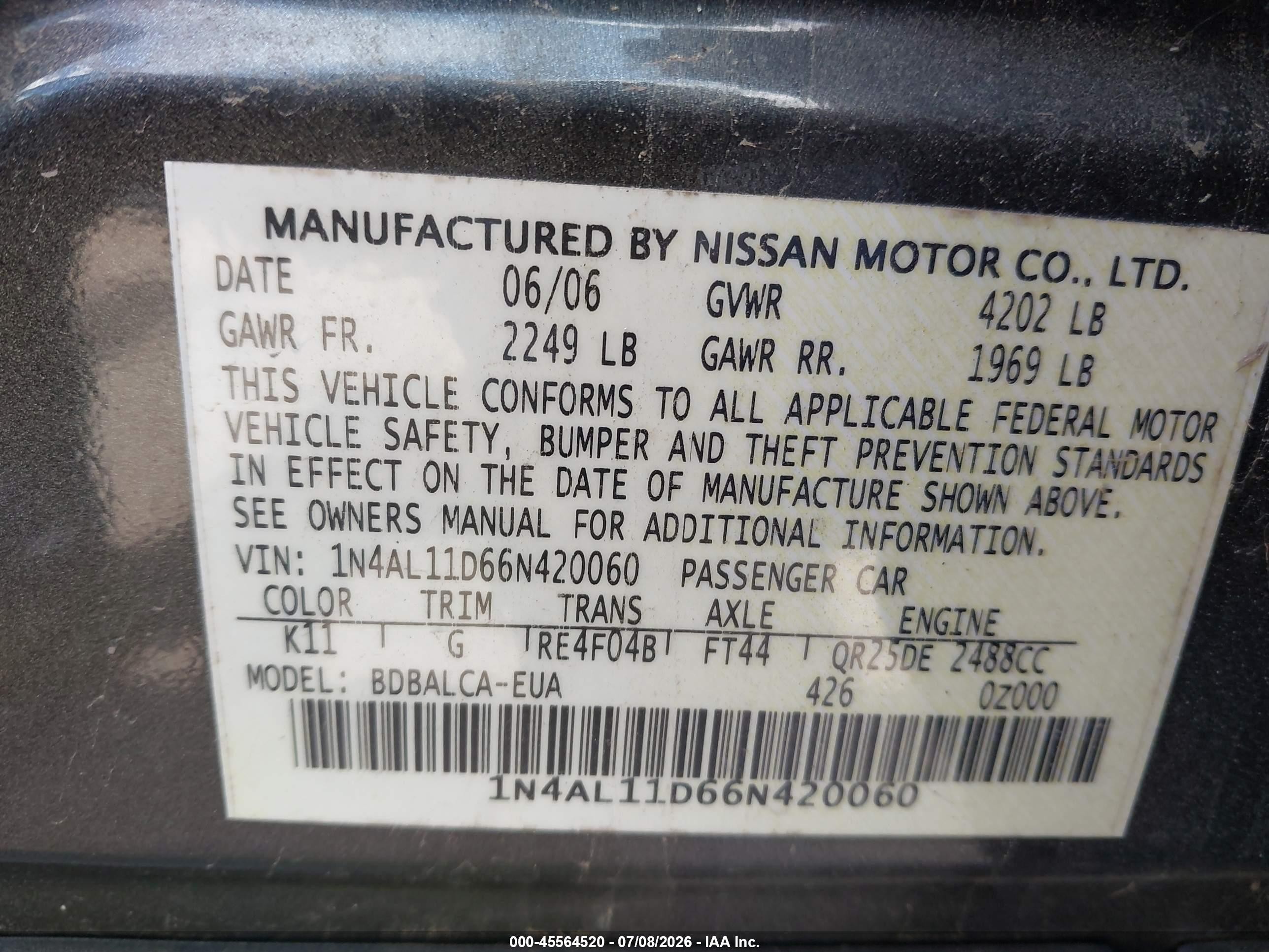 2006 Nissan Altima 2.5 S Gray vin: 1N4AL11D66N420060