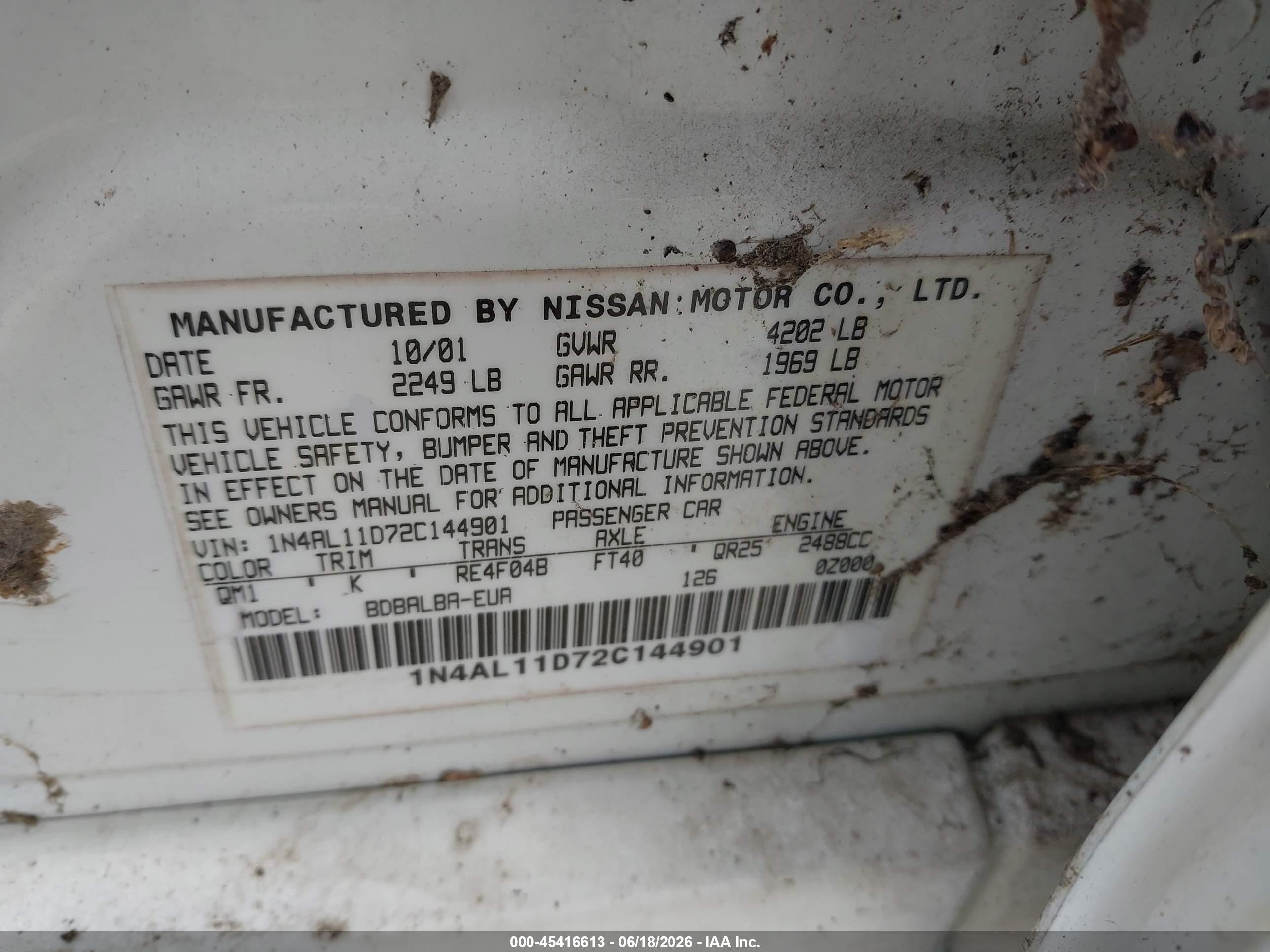 2002 Nissan Altima 2.5 S White vin: 1N4AL11D72C144901