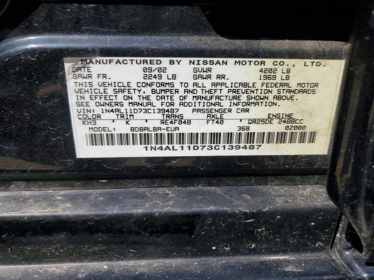 2003 Nissan Altima 2.5 Black vin: 1N4AL11D73C139487