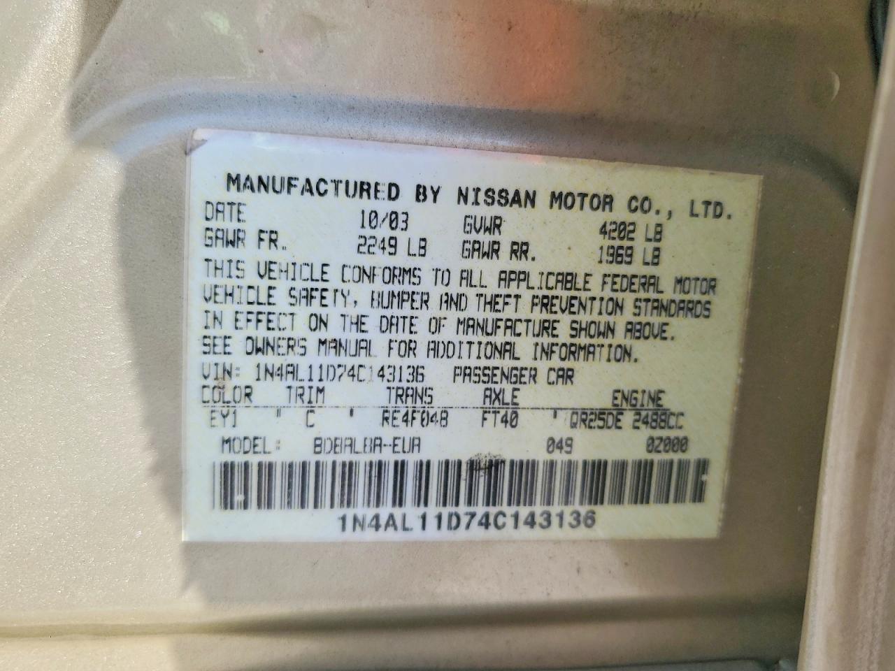 2004 Nissan Altima 2.5 Желто-коричневый vin: 1N4AL11D74C143136