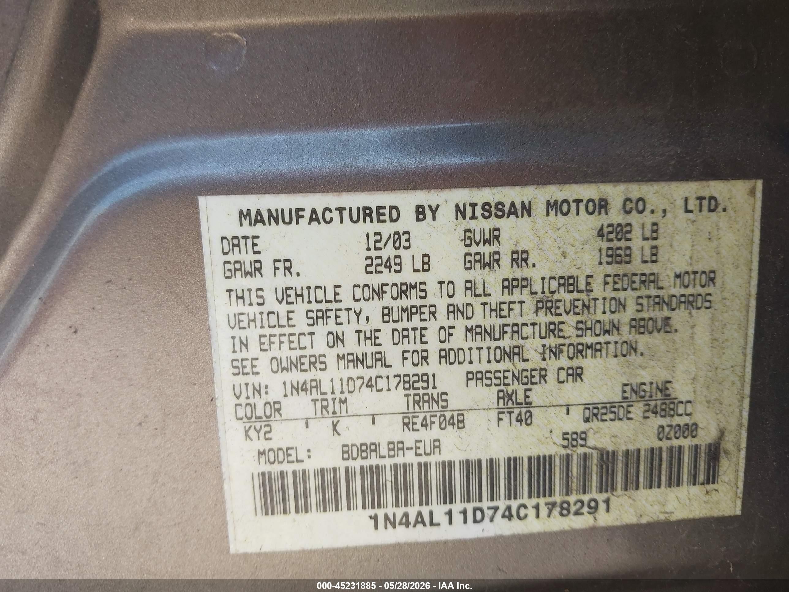2004 Nissan Altima 2.5 S Gold vin: 1N4AL11D74C178291