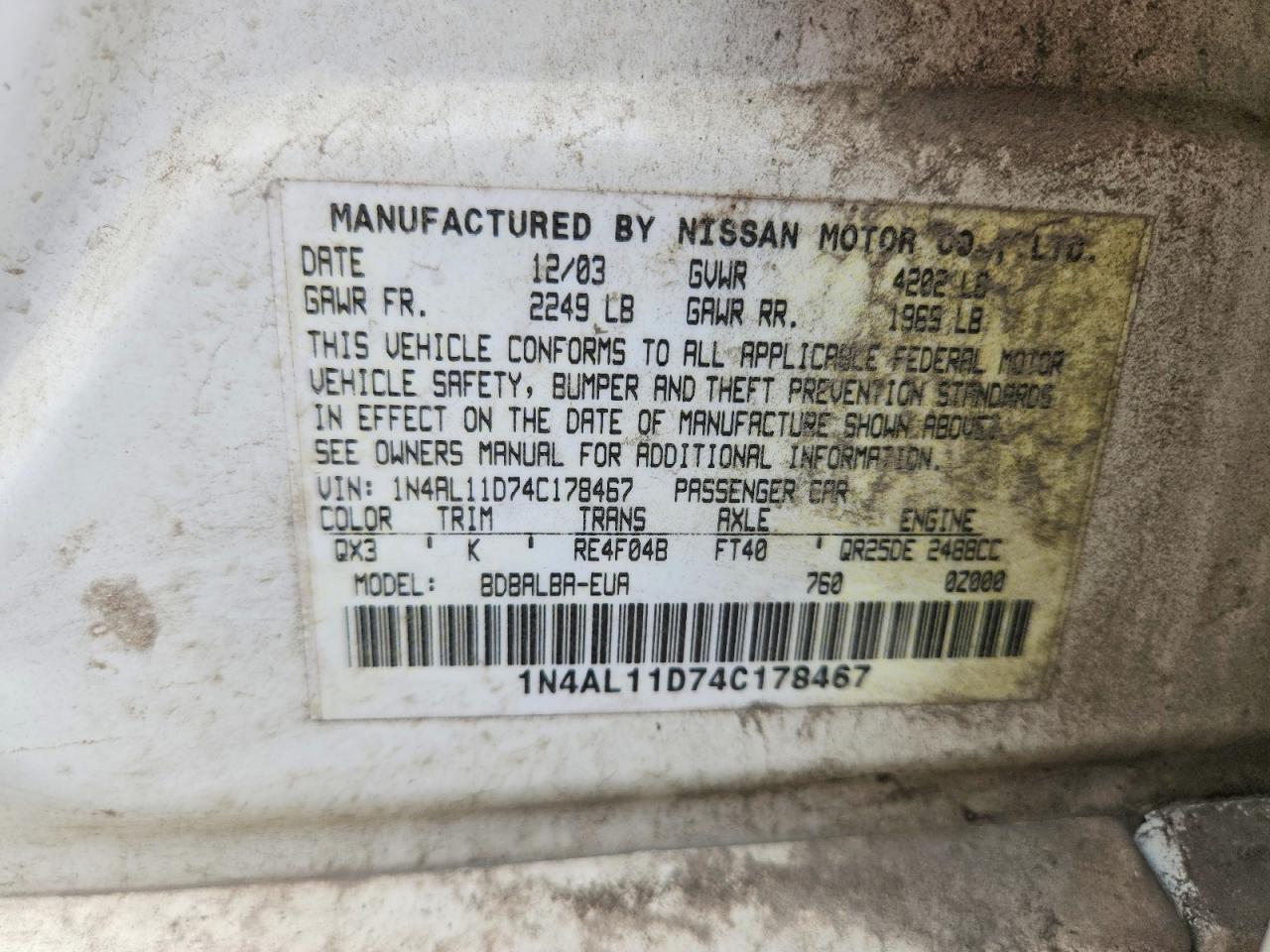 2004 Nissan Altima 2.5 White vin: 1N4AL11D74C178467