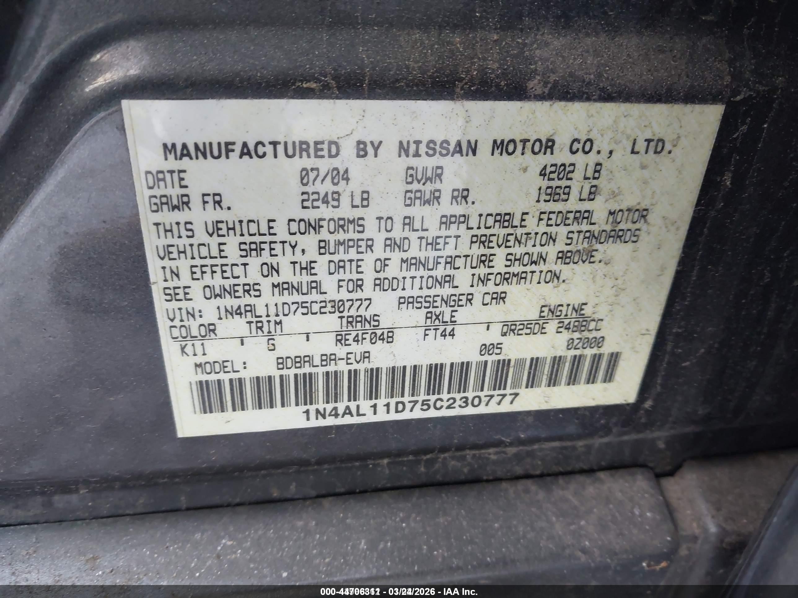 2005 Nissan Altima 2.5 S Gray vin: 1N4AL11D75C230777