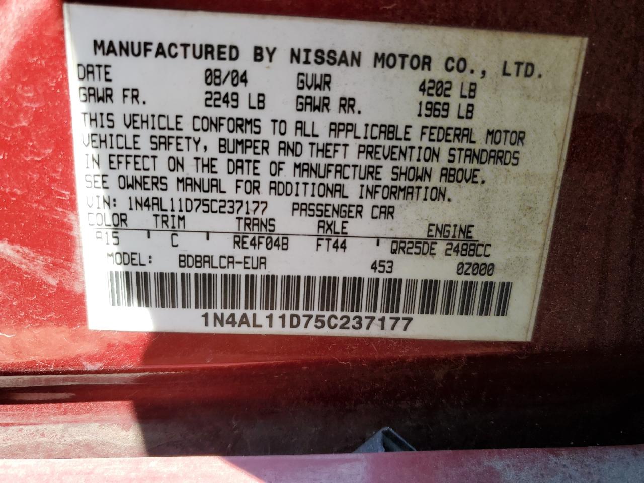 2005 Nissan Altima 2.5 Red vin: 1N4AL11D75C237177