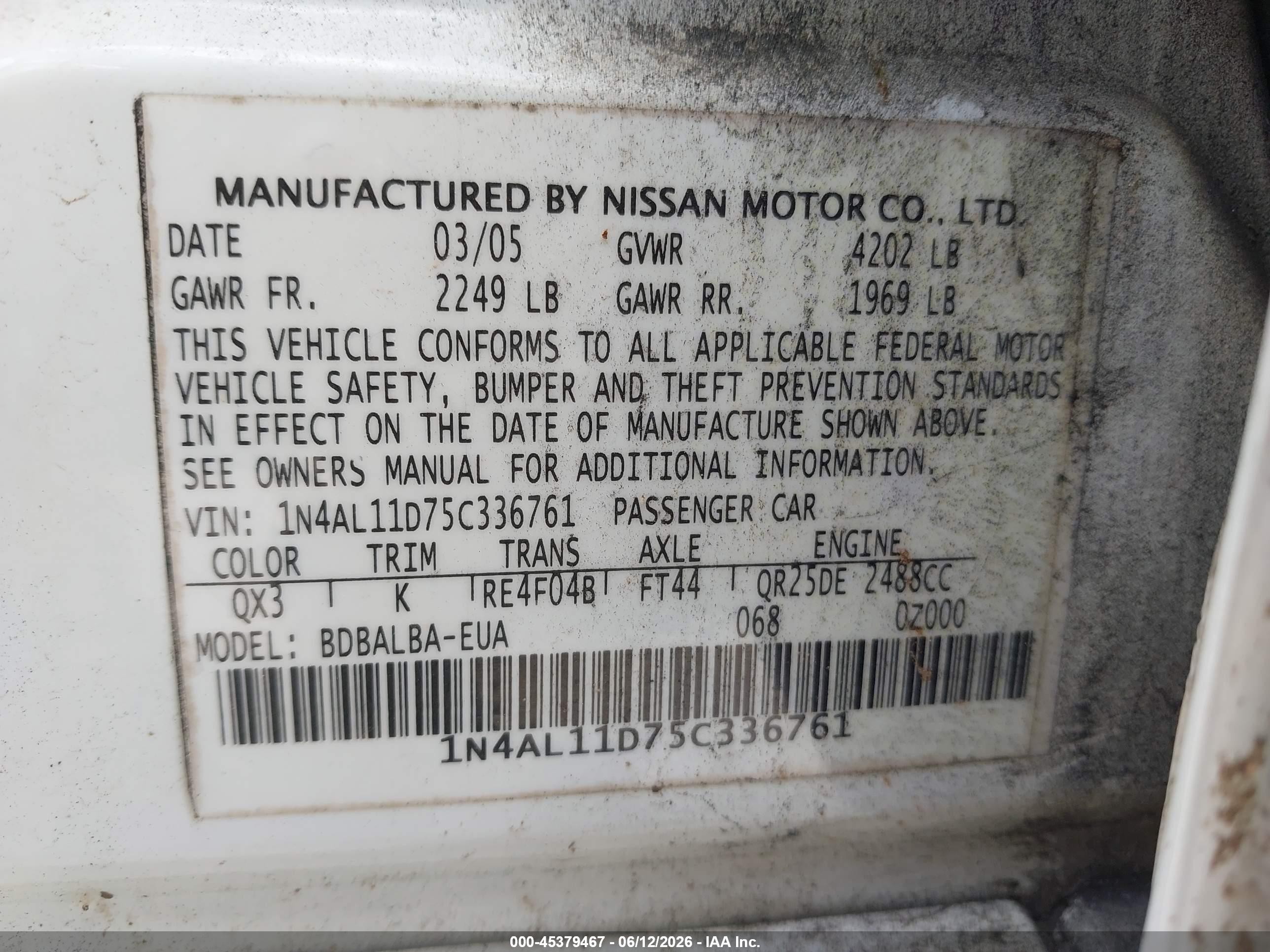 2005 Nissan Altima 2.5 S White vin: 1N4AL11D75C336761