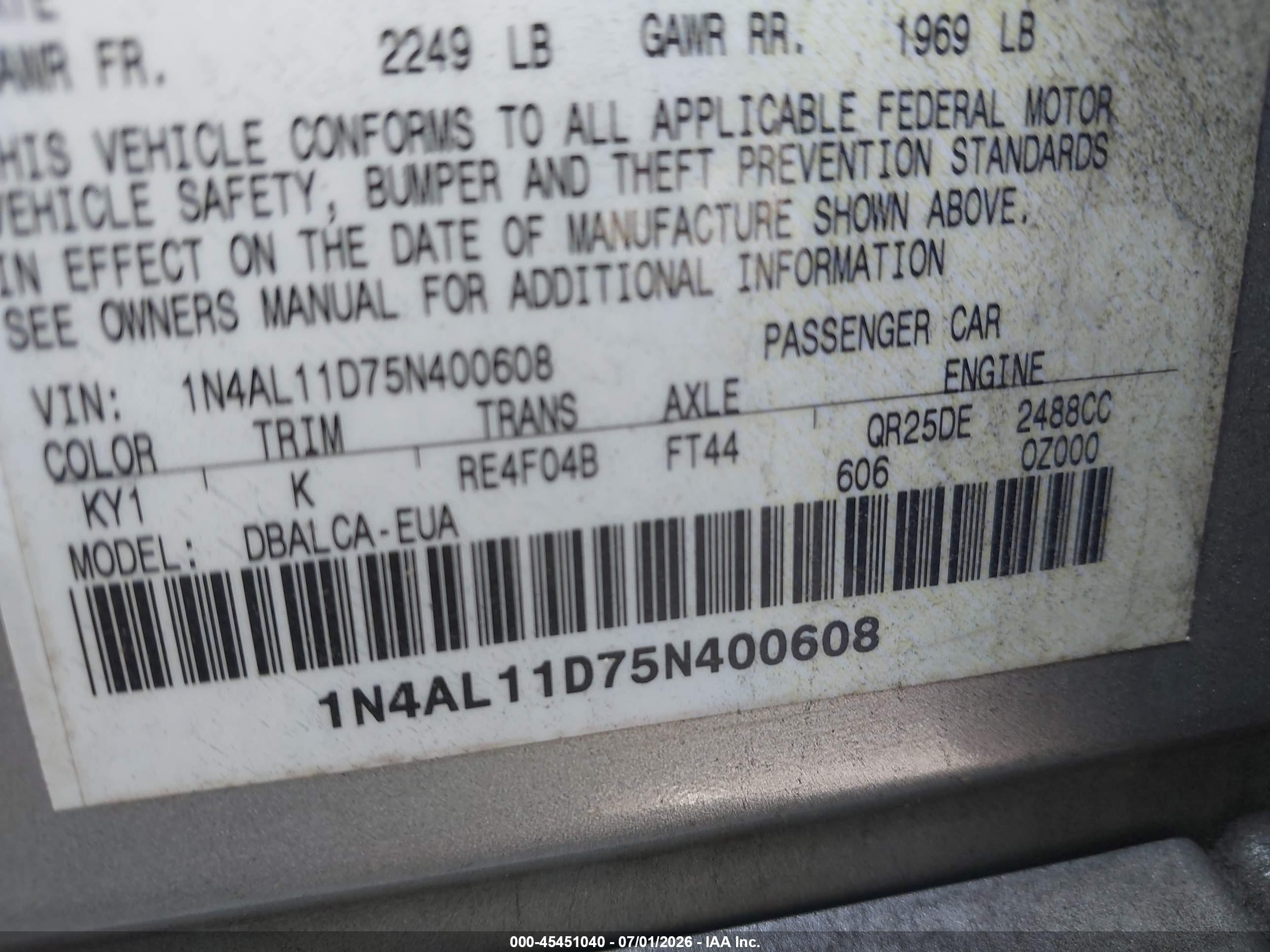 2005 Nissan Altima 2.5 S Silver vin: 1N4AL11D75N400608