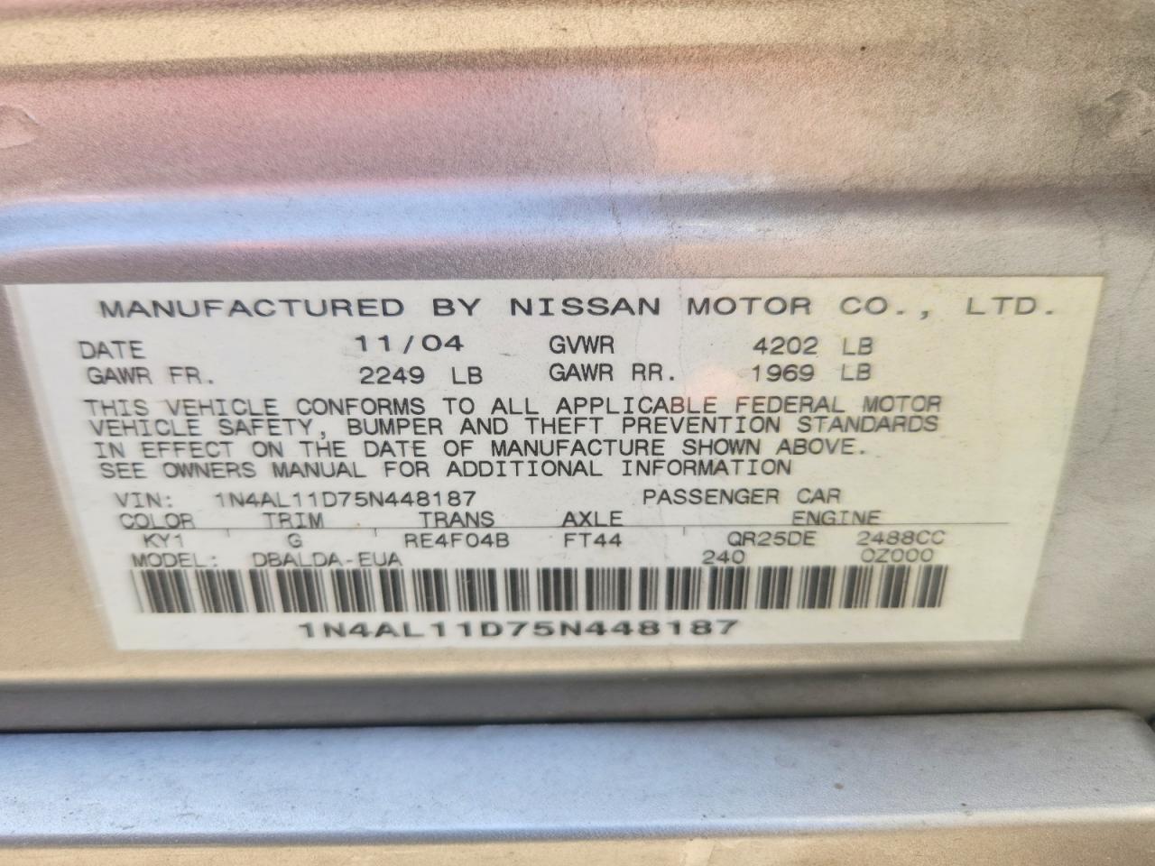 2005 Nissan Altima 2.5 Серебряный vin: 1N4AL11D75N448187