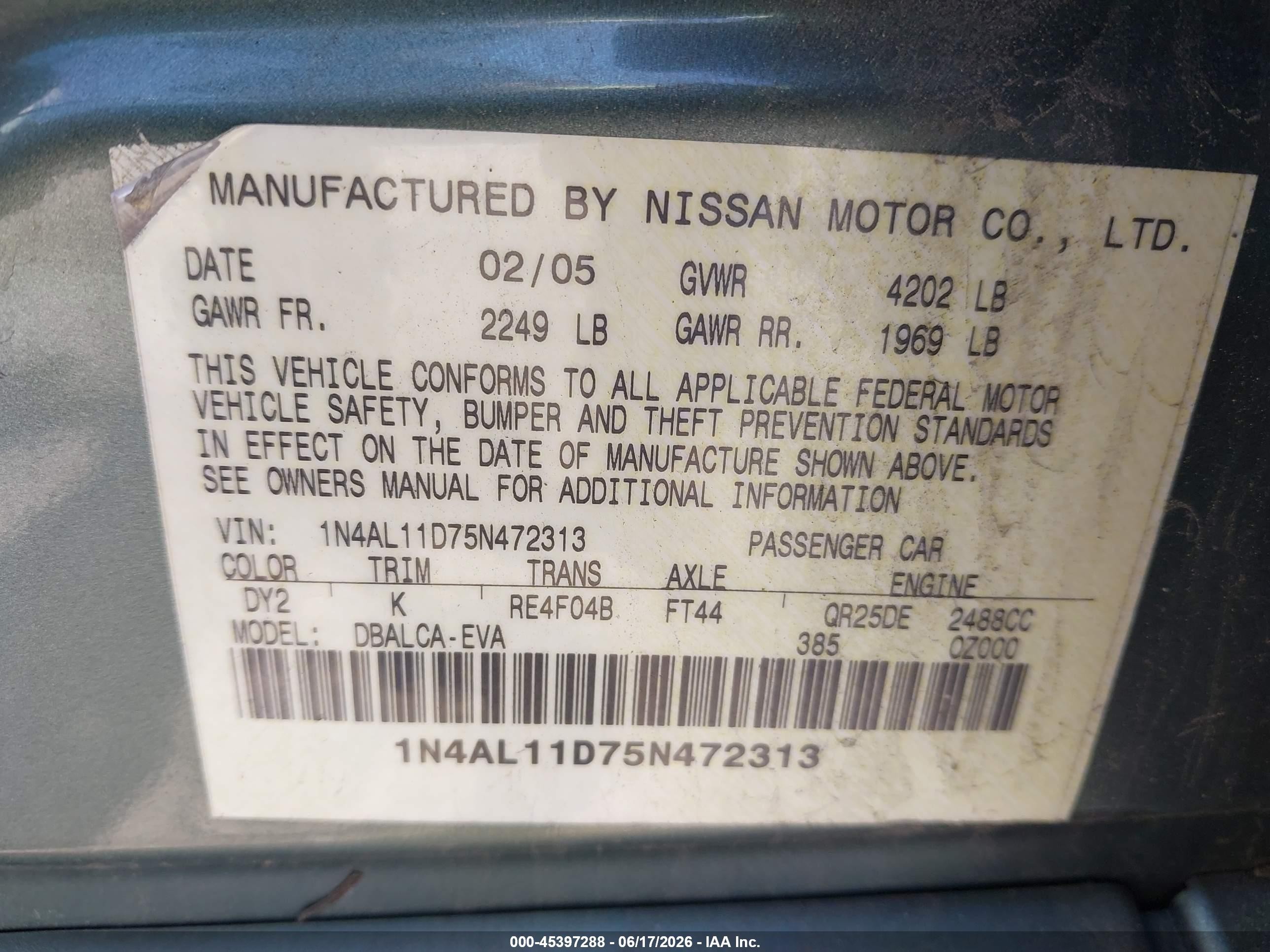 2005 Nissan Altima 2.5 S Green vin: 1N4AL11D75N472313