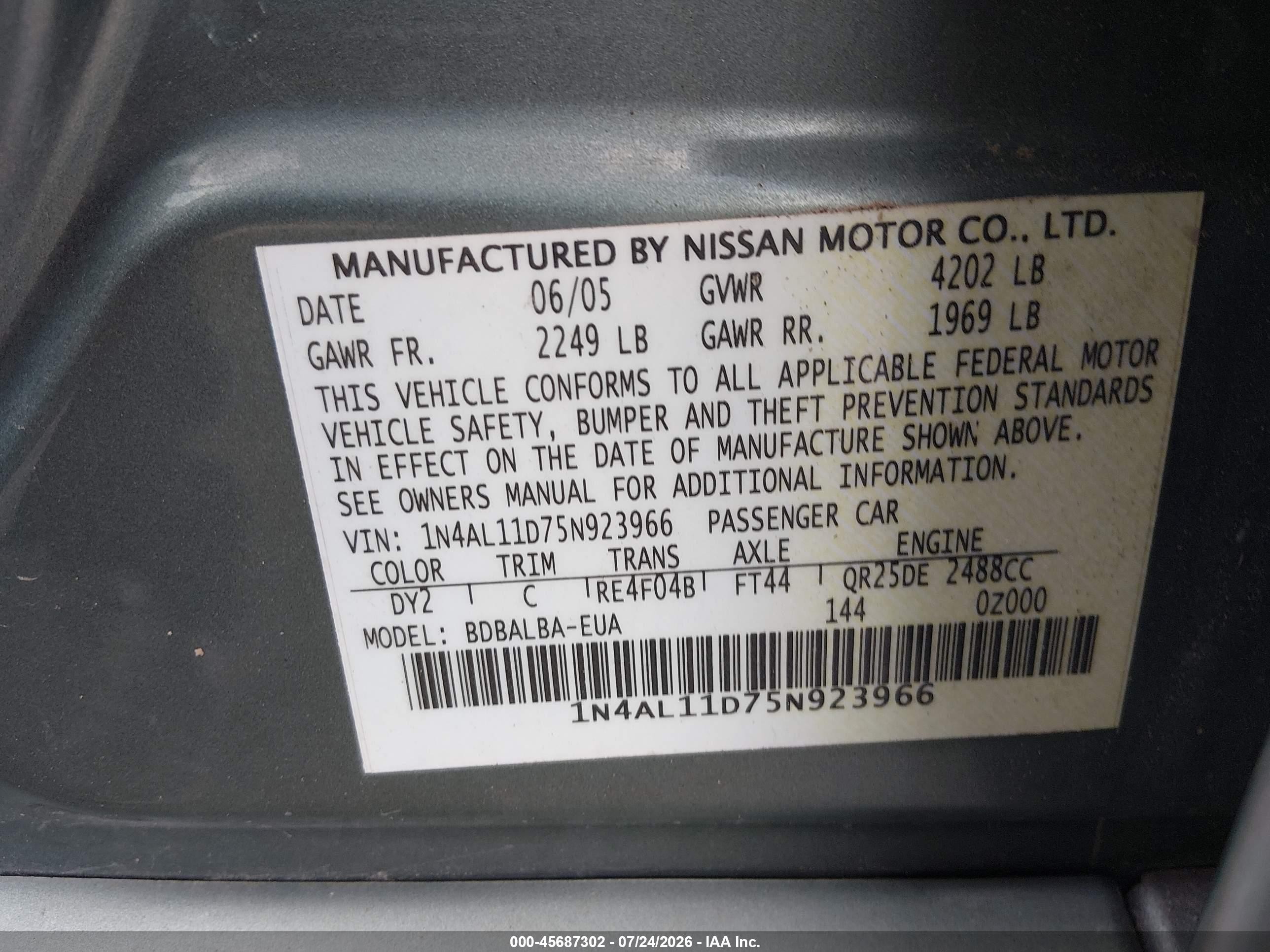 2005 Nissan Altima 2.5 S Gray vin: 1N4AL11D75N923966