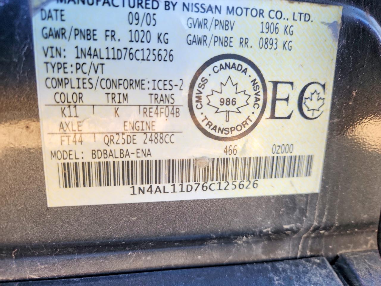 2006 Nissan Altima 2.5 Gray vin: 1N4AL11D76C125626