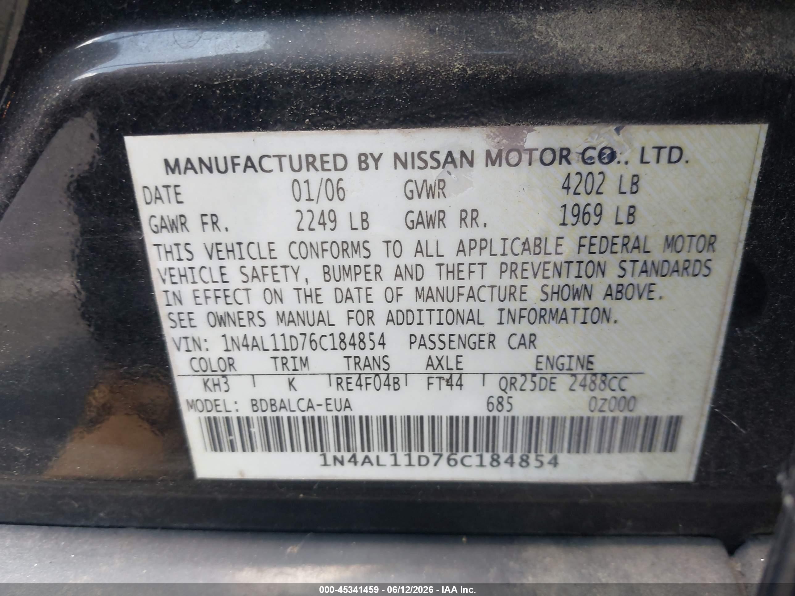 2006 Nissan Altima 2.5 S Черный vin: 1N4AL11D76C184854