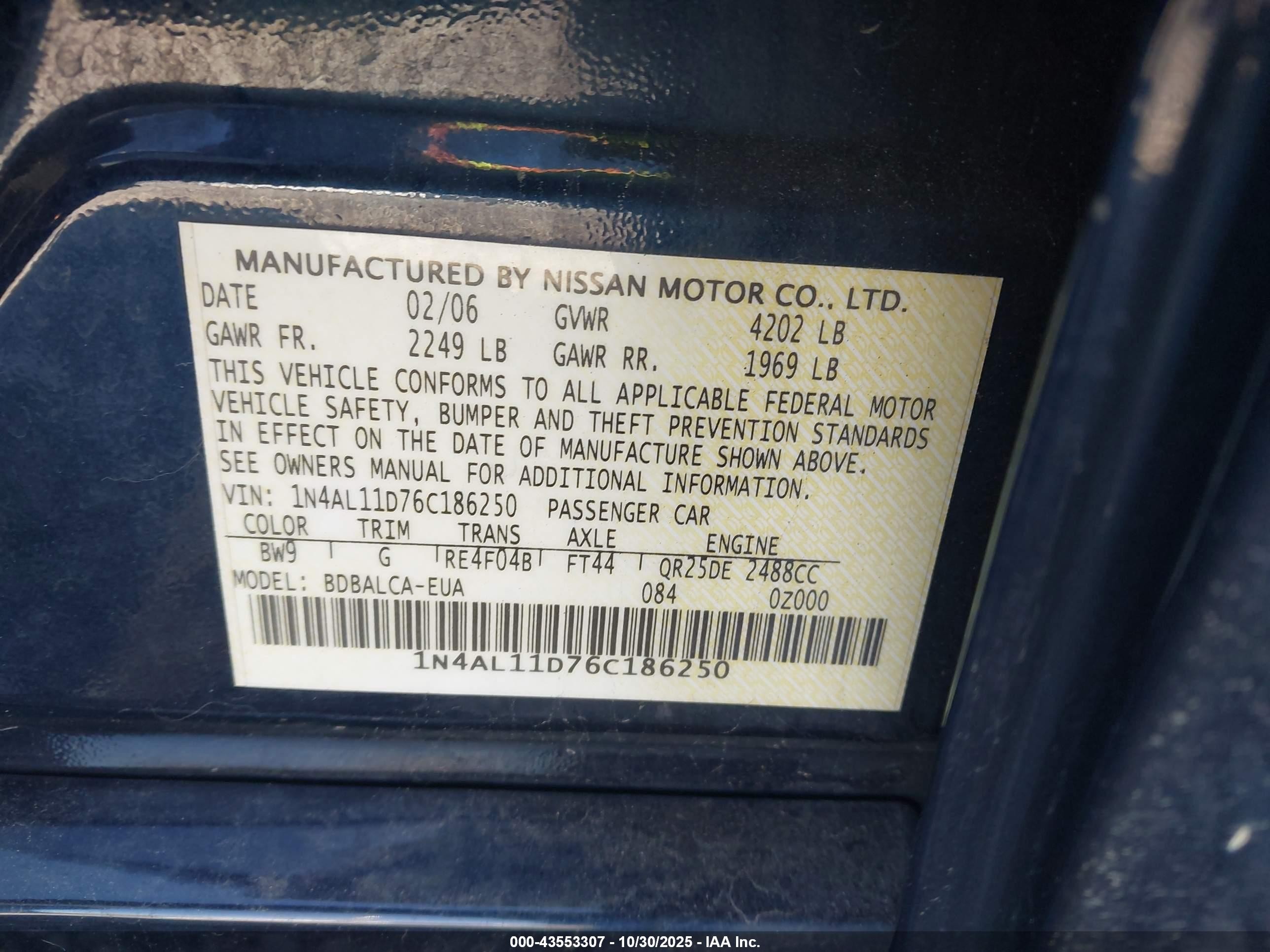 2006 Nissan Altima 2.5 S Dark Blue vin: 1N4AL11D76C186250