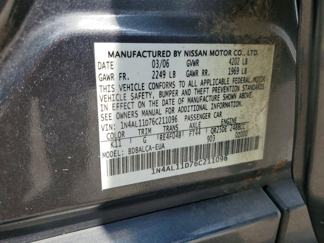 2006 Nissan Altima 2.5 Charcoal vin: 1N4AL11D76C211096