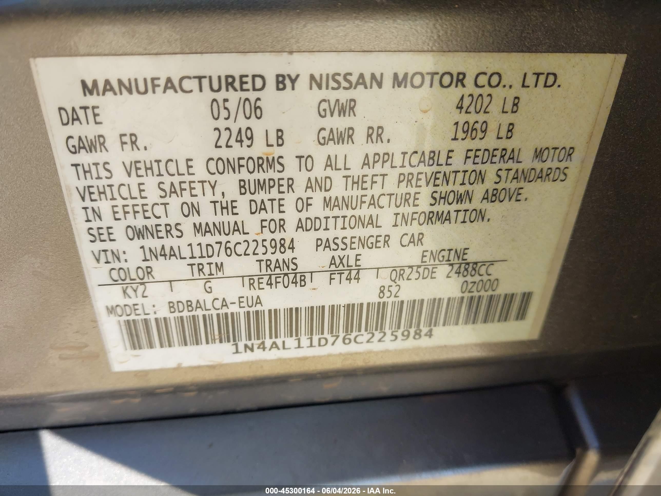 2006 Nissan Altima 2.5 S Gray vin: 1N4AL11D76C225984