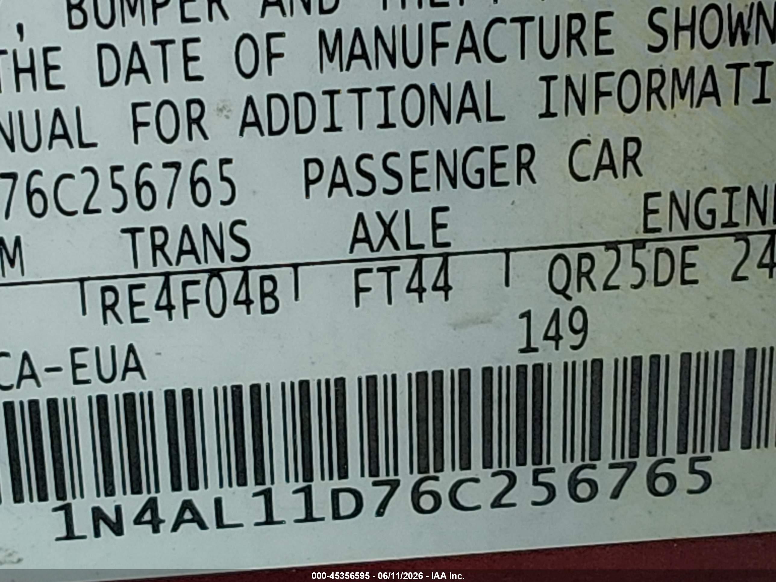 2006 Nissan Altima 2.5 S Maroon vin: 1N4AL11D76C256765