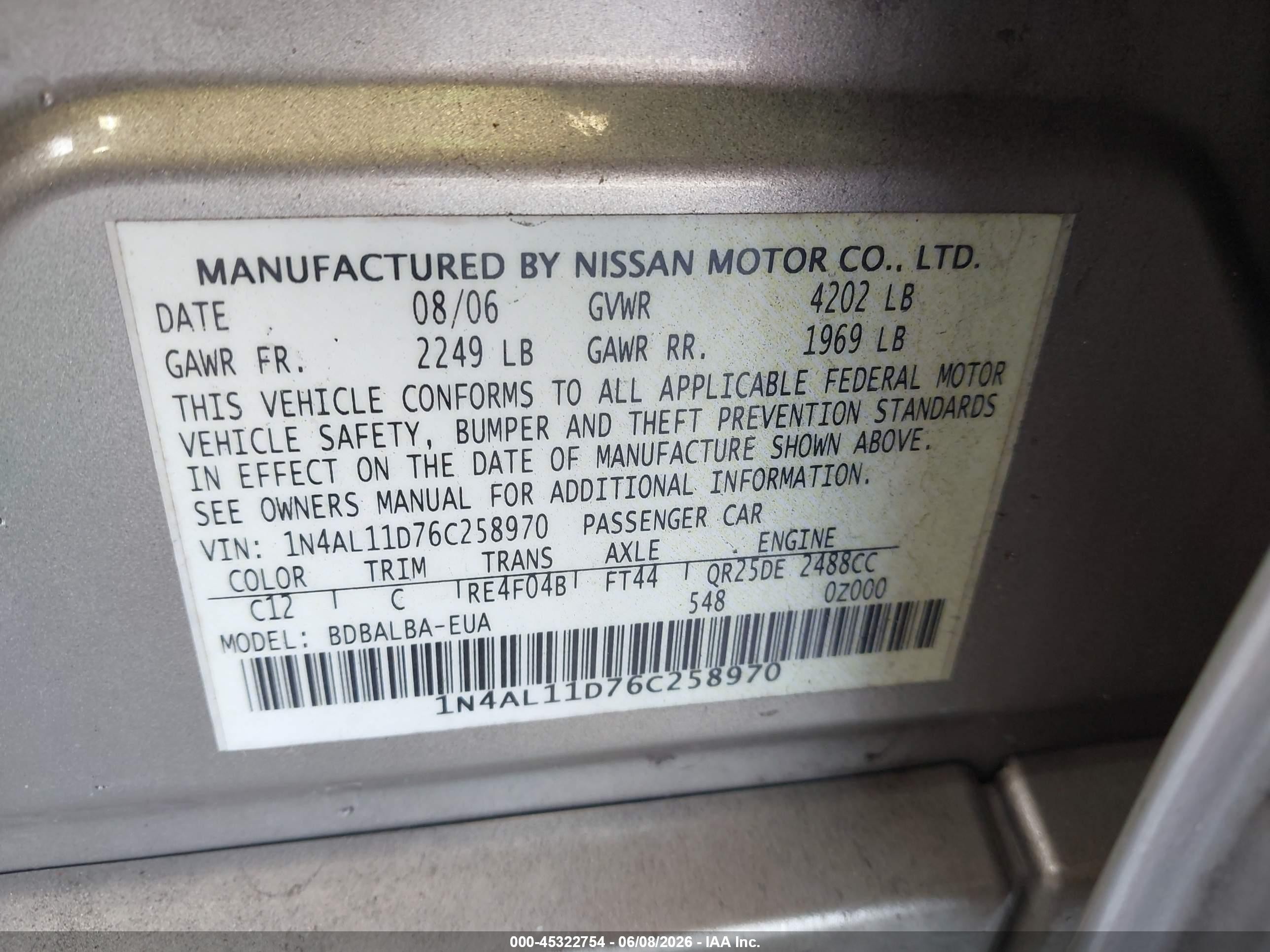 2006 Nissan Altima 2.5 S Золотой vin: 1N4AL11D76C258970