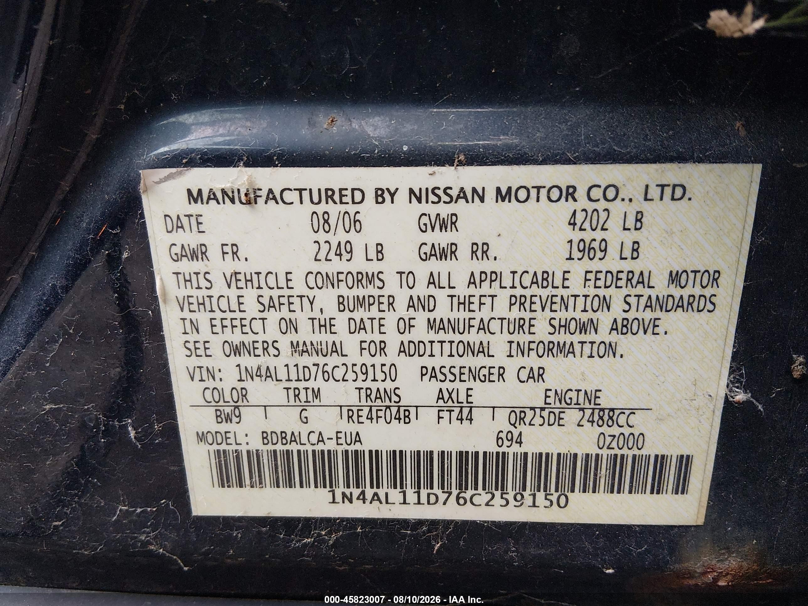 2006 Nissan Altima 2.5 S Navy vin: 1N4AL11D76C259150