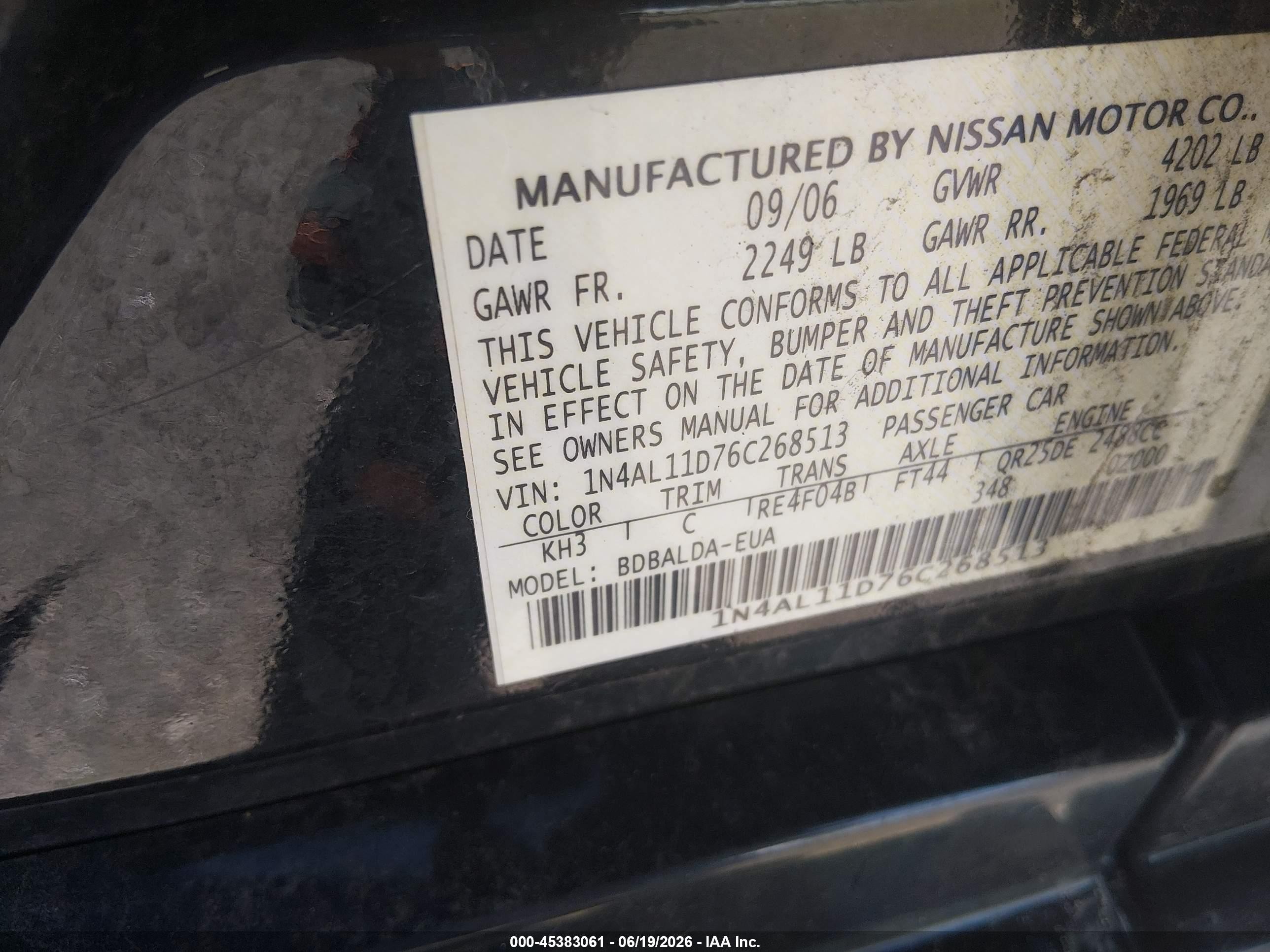 2006 Nissan Altima 2.5 S Black vin: 1N4AL11D76C268513