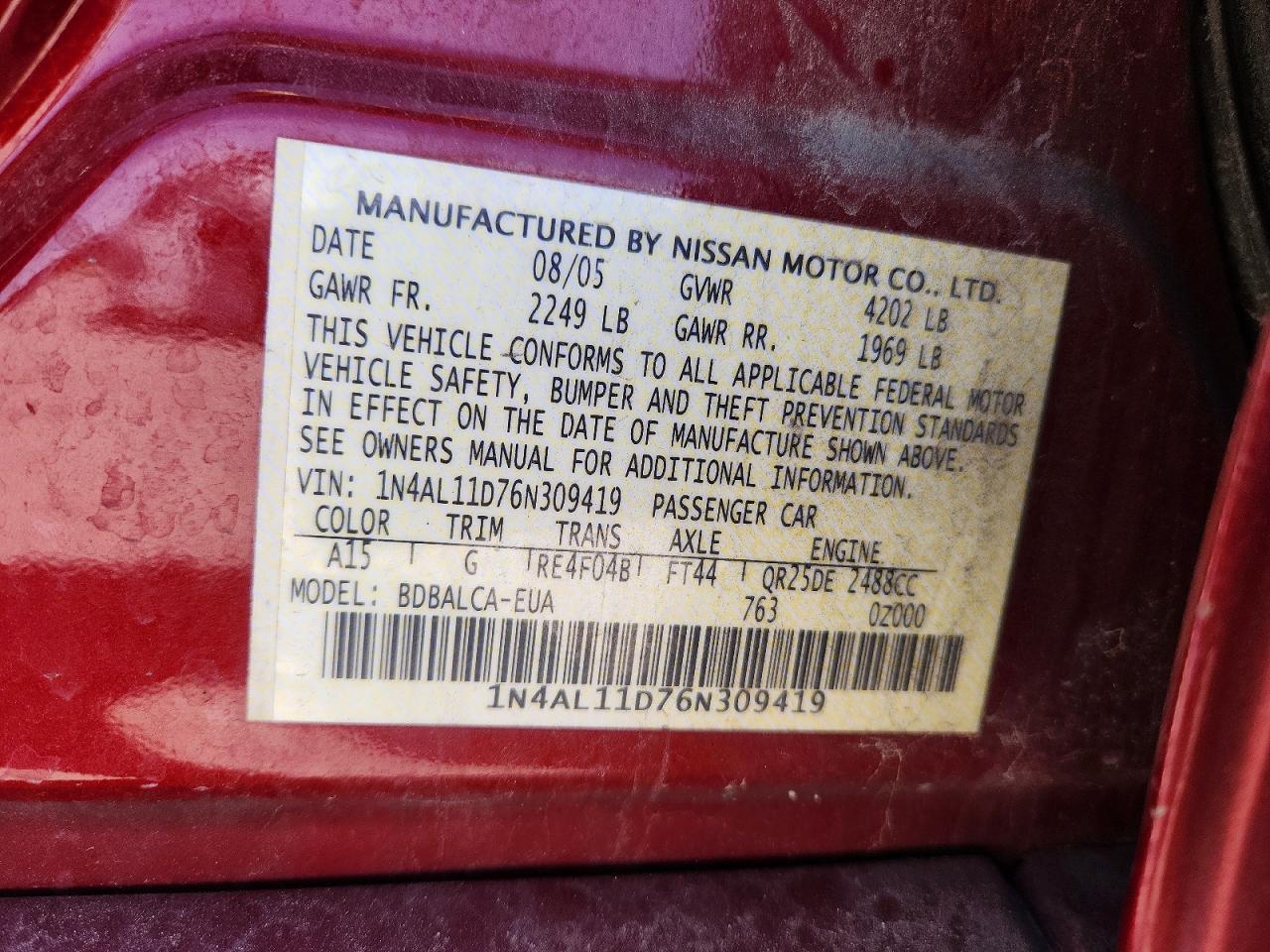 2006 Nissan Altima 2.5 Red vin: 1N4AL11D76N309419