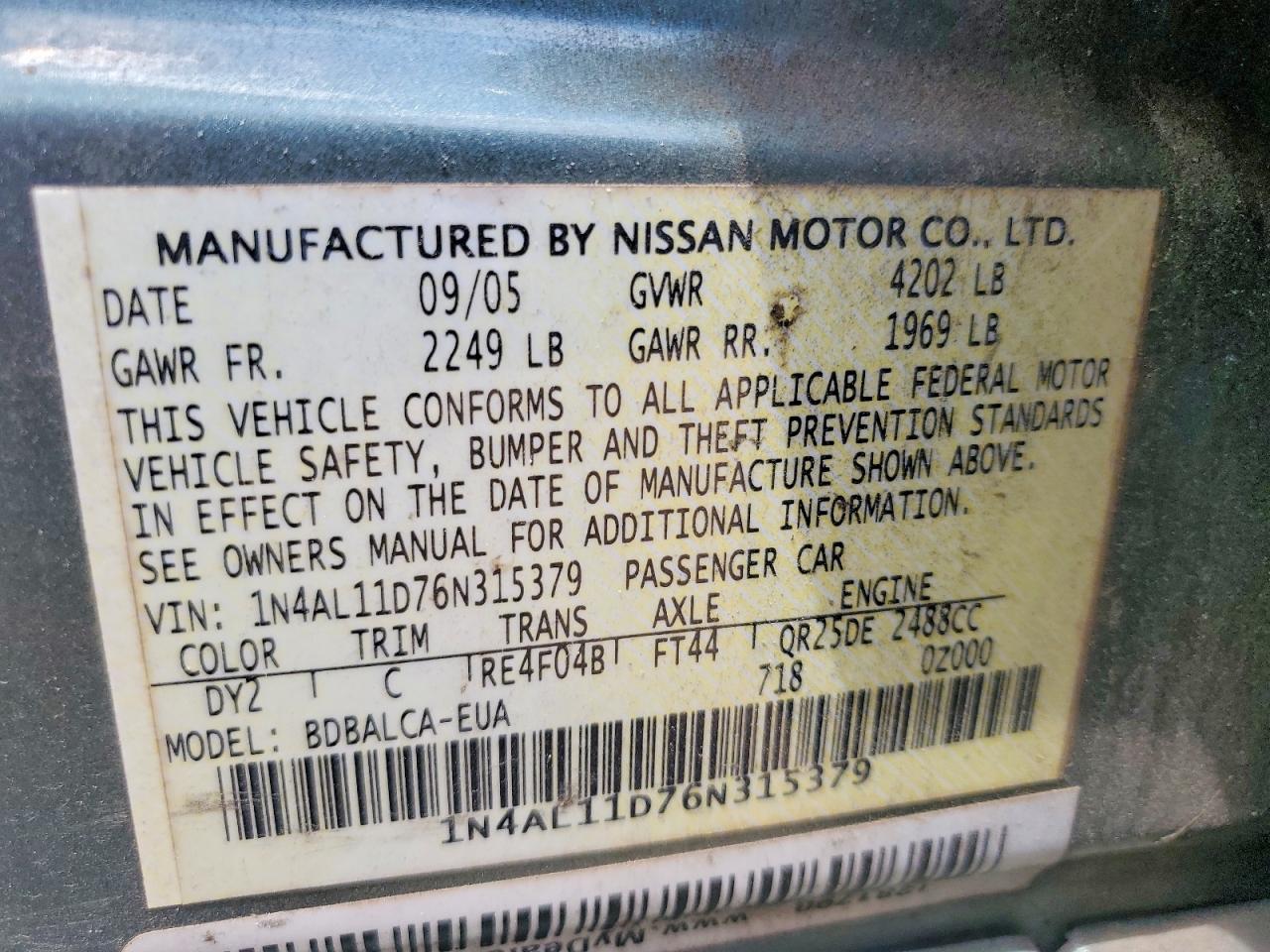 2006 Nissan Altima 2.5 Green vin: 1N4AL11D76N315379