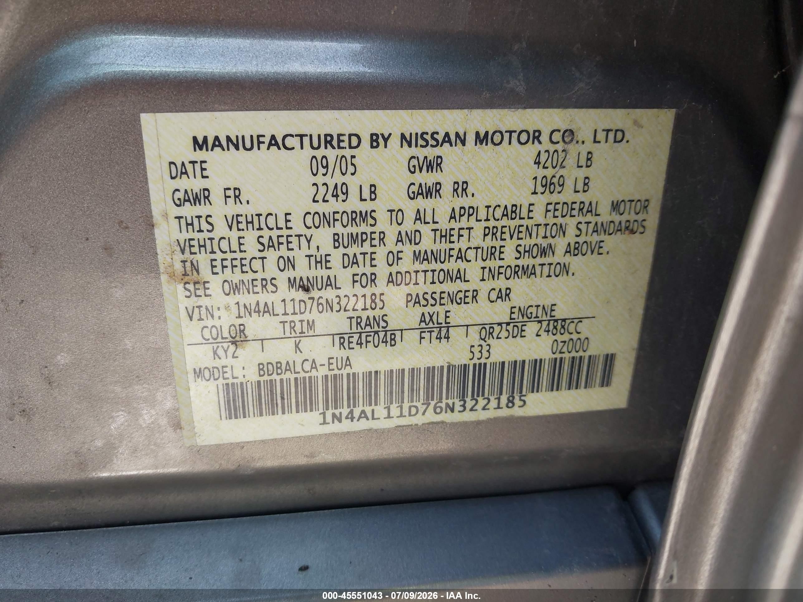 2006 Nissan Altima 2.5 S Gray vin: 1N4AL11D76N322185